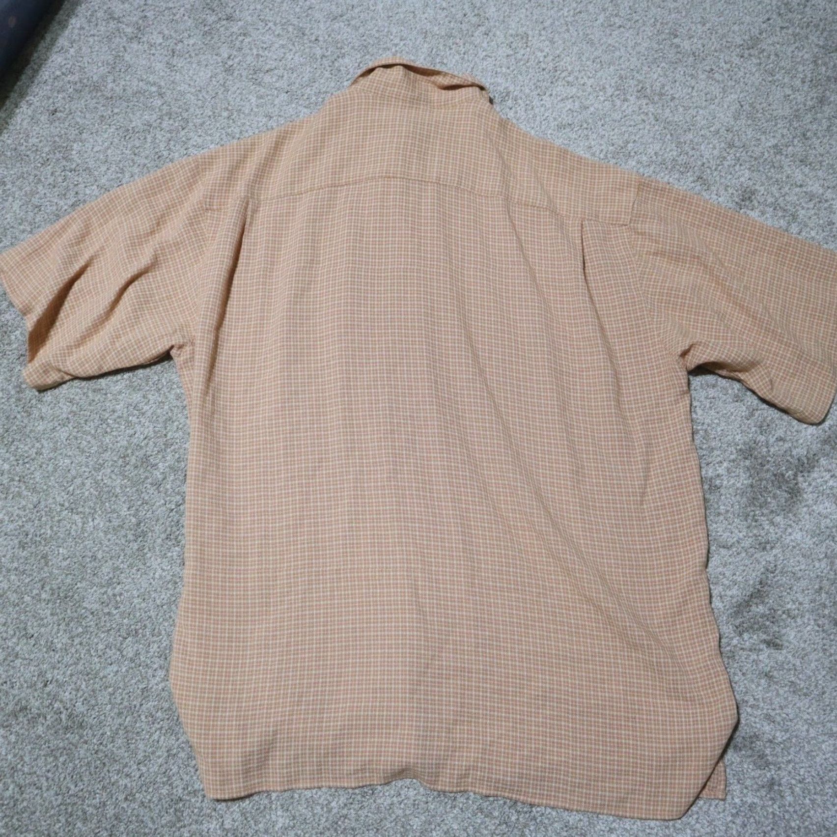Van Heusen Van Heusen Shirt Short Sleeve Button Up Orange Coral Checked Rayon Men's L Large Size US 33 - 8 Thumbnail
