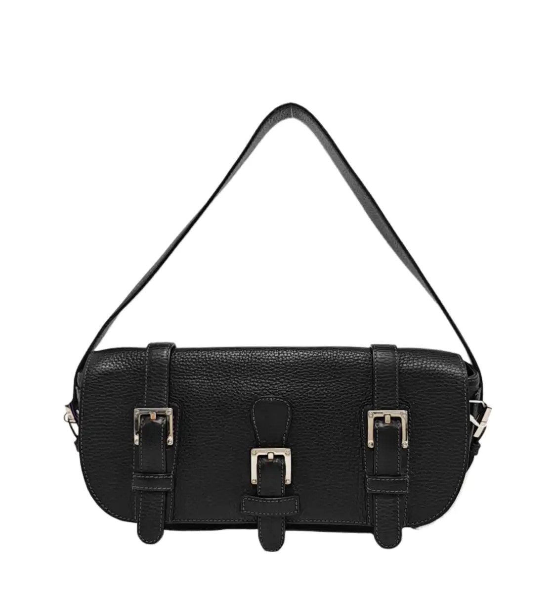 Loewe Black Cowhide Leather Handbag Shoulder Bag Silver Hardware Detachable Stra, Women's