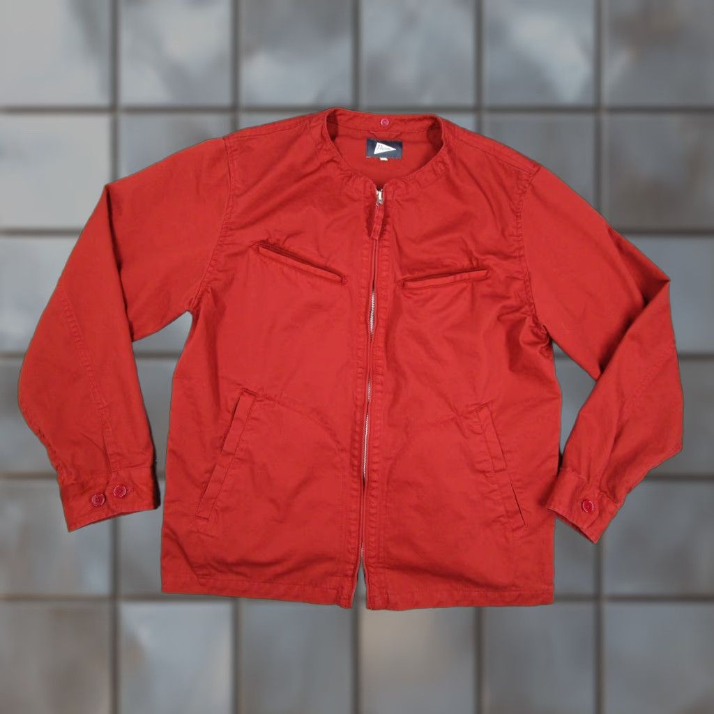 VINTAGE Pilgrim Surf Supply Jacket Mens Large Red Cotton Zip Front Band Collar Pockets