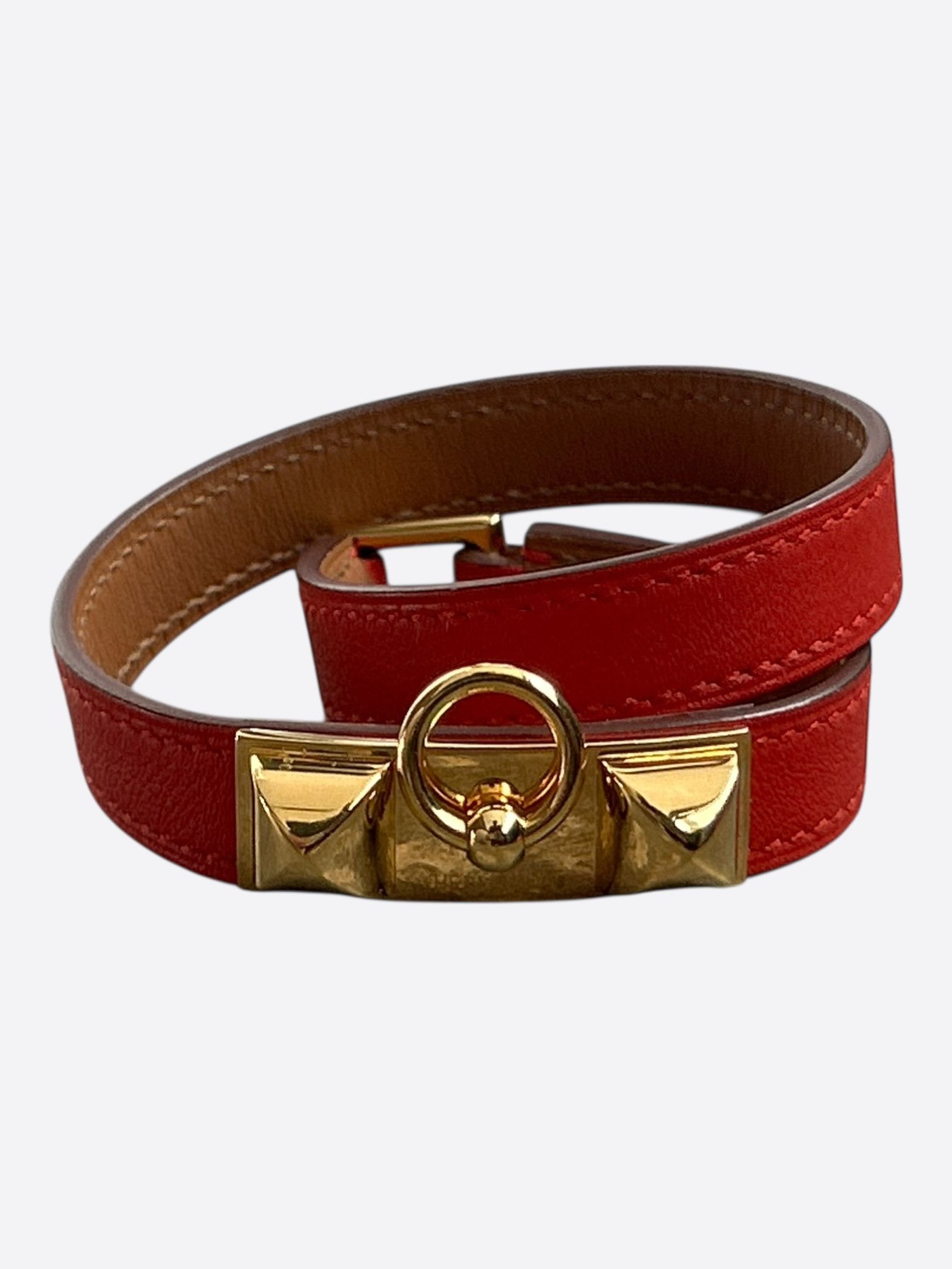 Hermes Hermes Red Swift & Gold Hardware Rivale Double Tour Bracelet Size ONE SIZE - 1 Thumbnail