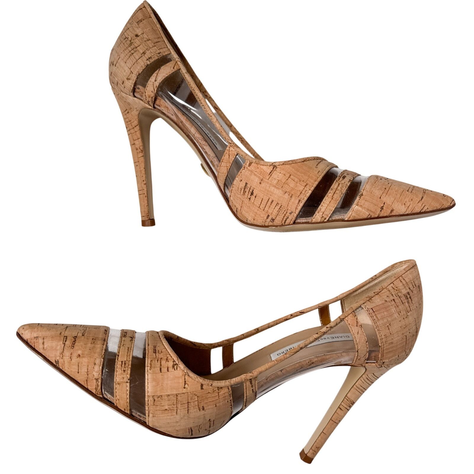 Diane von Furstenberg DVF Becca Too Cork Clear Panel Stiletto Pumps Size US 7 / IT 37 - 4 Thumbnail