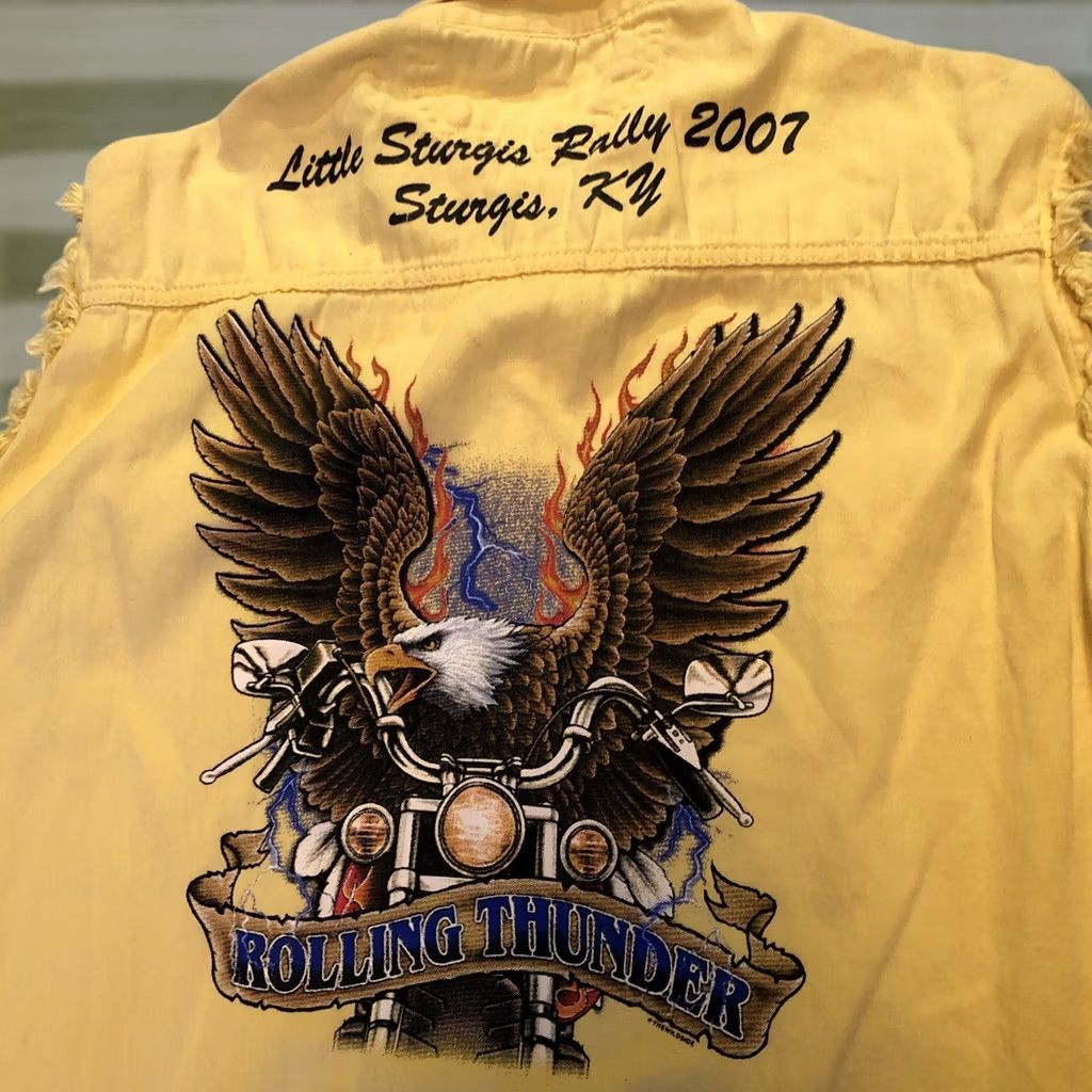 Vintage Revolution Gear Little Sturgis KY Rally 2007 Yellow Sleeveless Denim Shirt Mens XL Size US XL / EU 56 / 4 - 1 Thumbnail