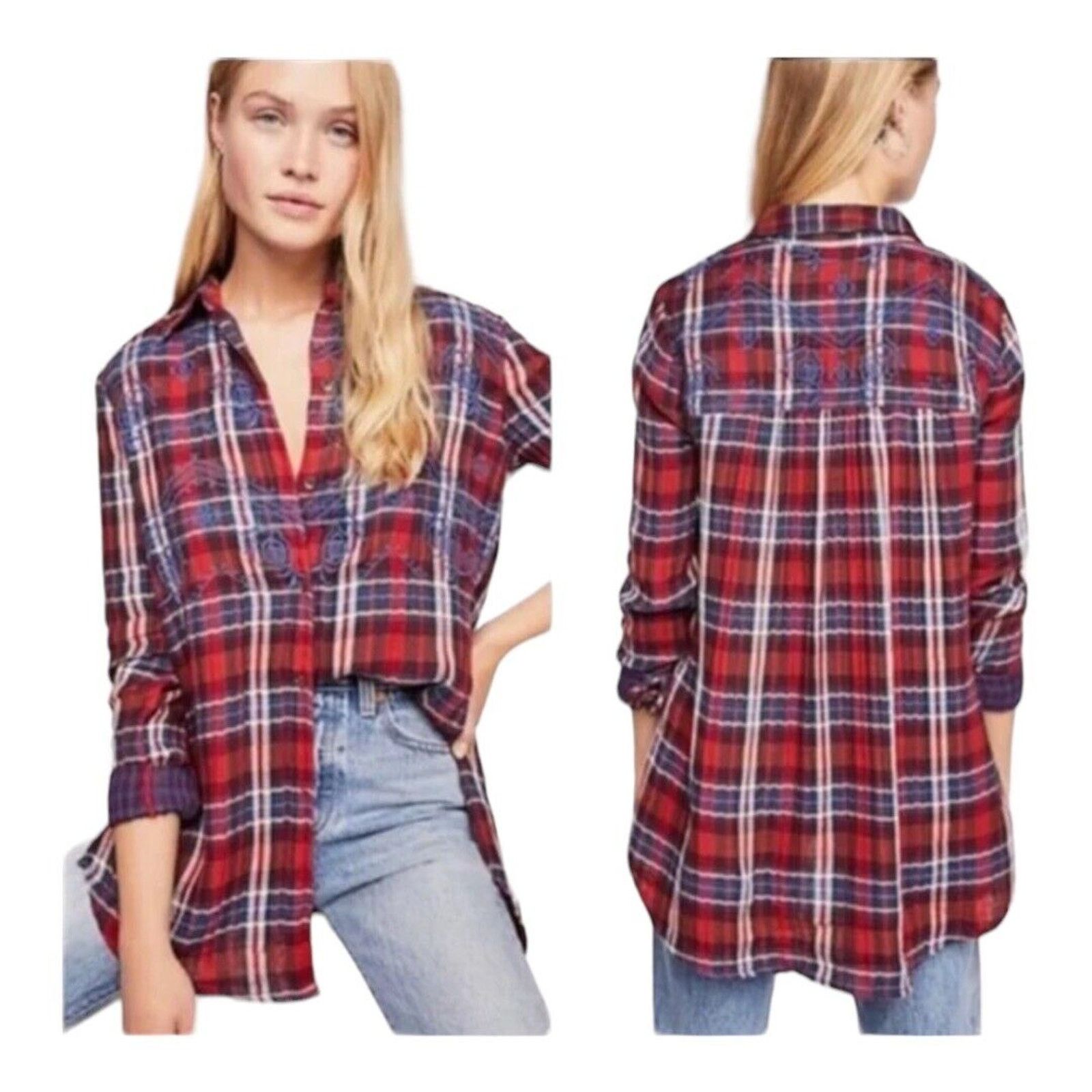 Free People Free People Magical Plaid Embroidered Shirt Flannel Size M / US 6-8 / IT 42-44 - 2 Thumbnail