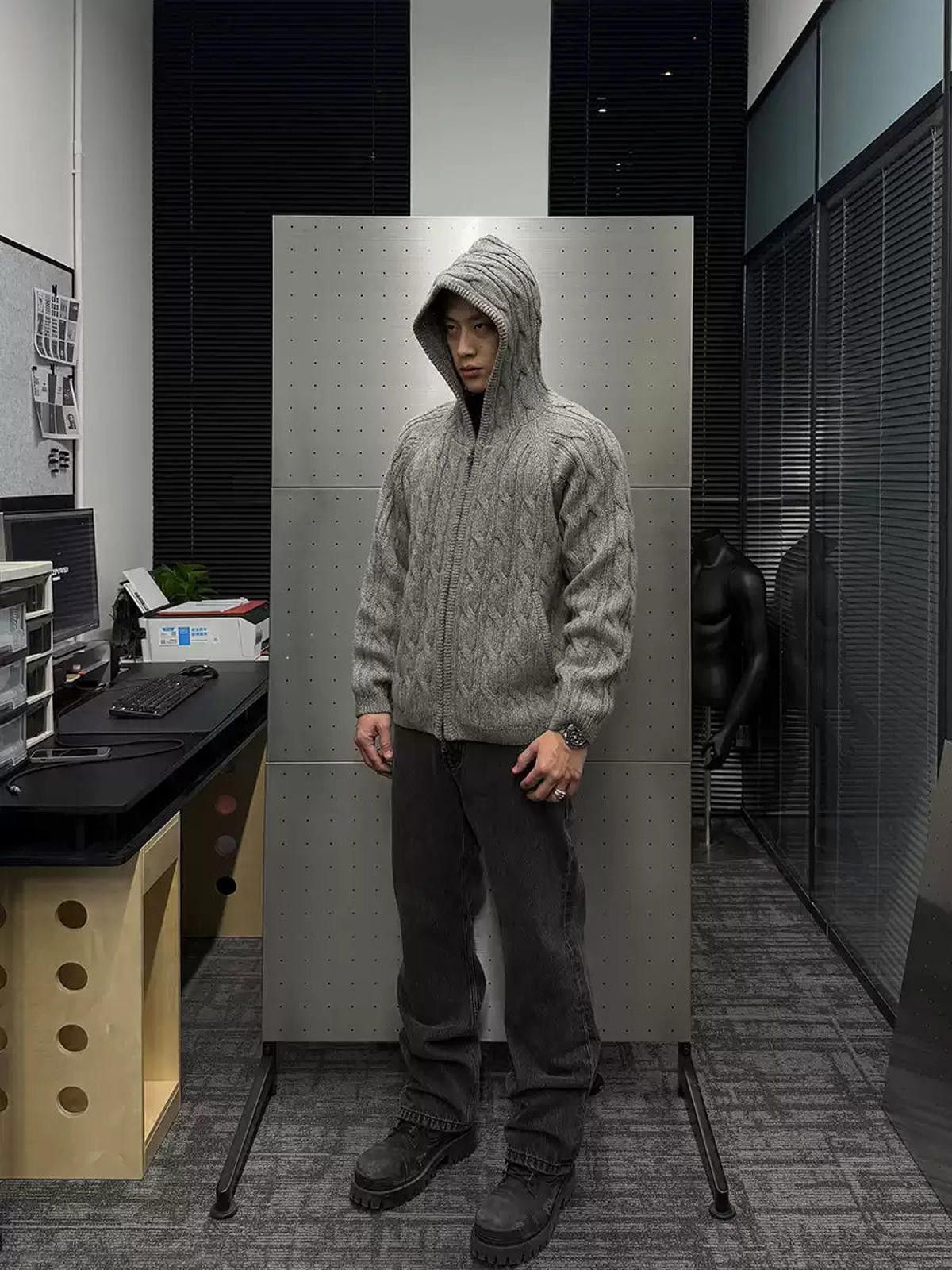 Other Gray Cable Knit Hooded Zip-Up Sweater, Cozy Pullover Hoodie Size US M / EU 48-50 / 2 - 4 Thumbnail