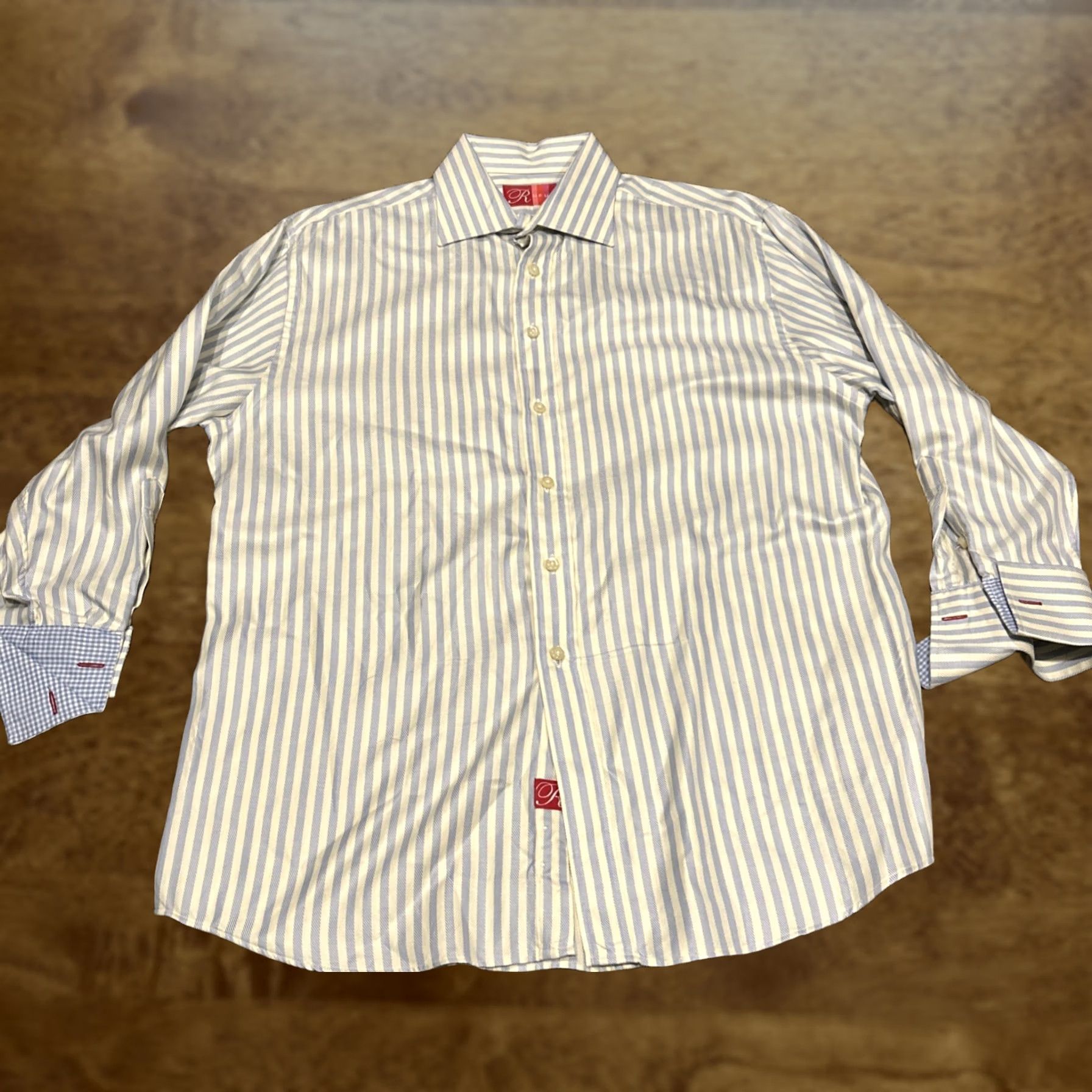 Vintage Rufus Dress Shirt Mens XL Blue White Striped Button Up USA Made Cotton Long Sleeve Collared Spread Barrel Cuff Vintage No Size 46R - 1 Thumbnail