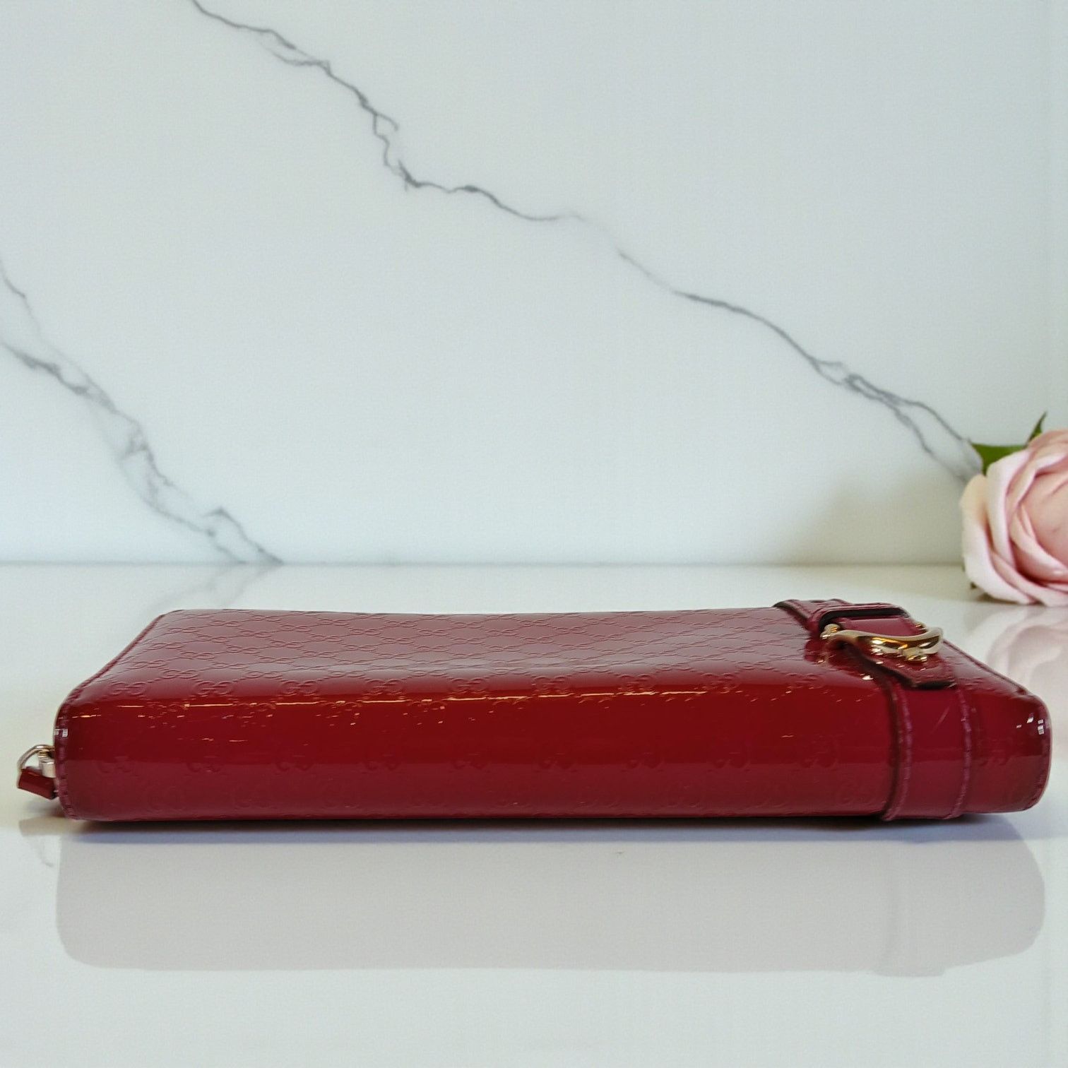Gucci Gucci Shima GG Belted Zip Around Pink Enamel Leather Wallet Size ONE SIZE - 9 Thumbnail