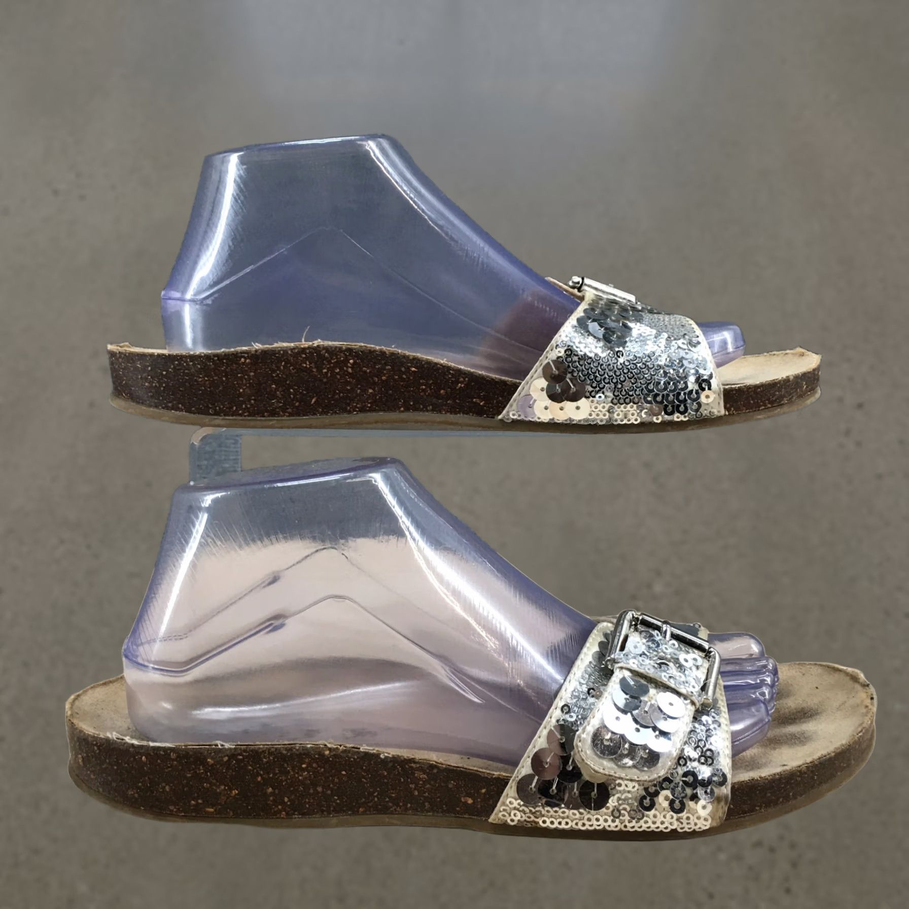 Vintage Apostrophe Sandals Womens 10 Sequin Slide Flats Slip On Leather Gray Silver Casual Flat Shoes Womens Size US 10 / IT 40 - 1 Thumbnail