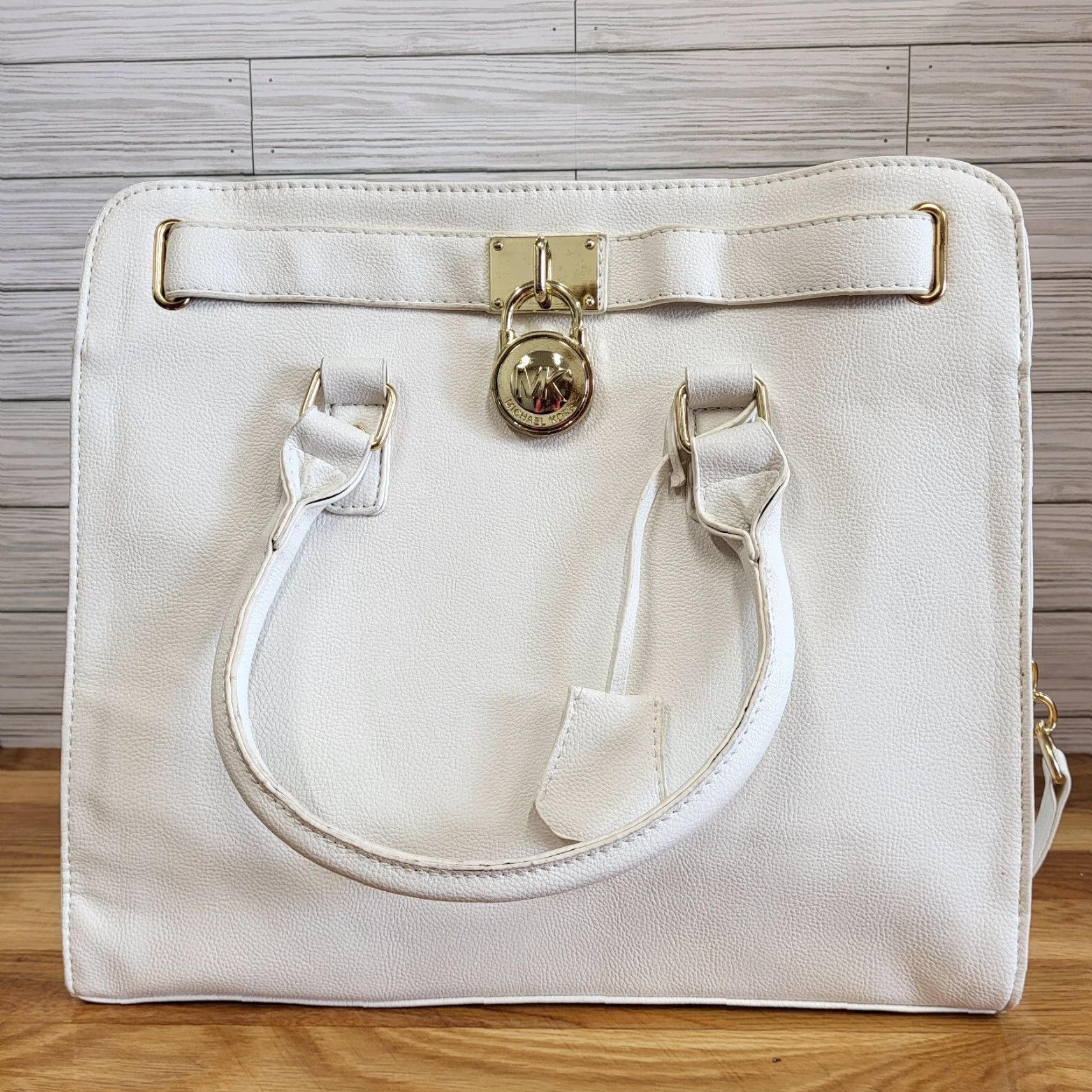 Vintage Michael Kors Hamilton Travel Large White Pebbled Leather Satchel Bag MK Dust Bag Size ONE SIZE - 6 Thumbnail