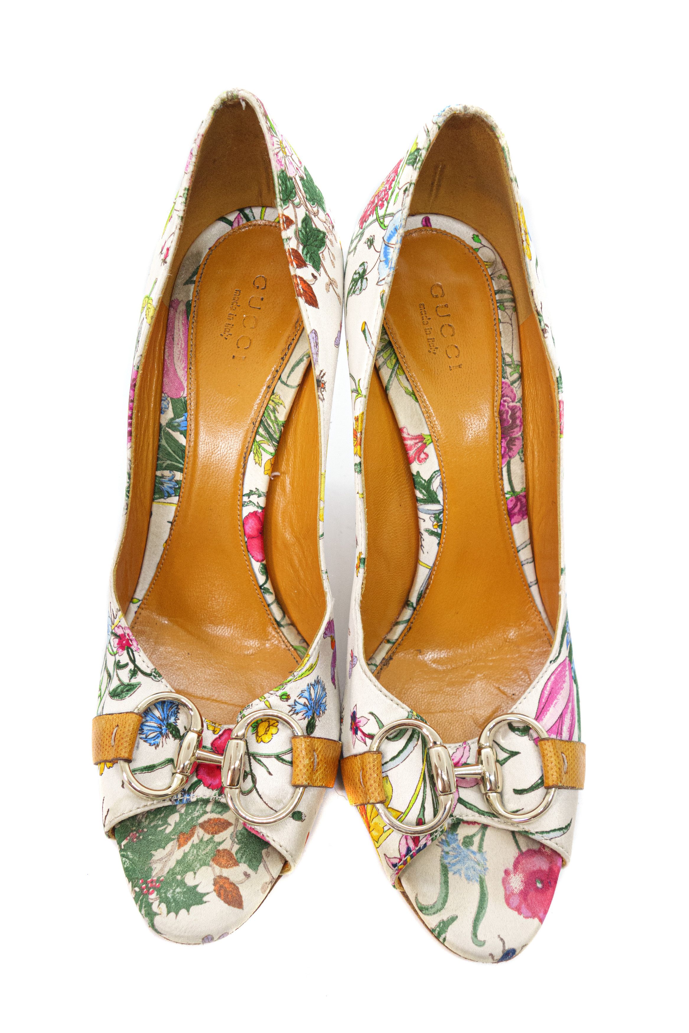 Gucci Botanical Floral Satin Horsebit Peep Heels Size US 7 / IT 37 - 3 Thumbnail