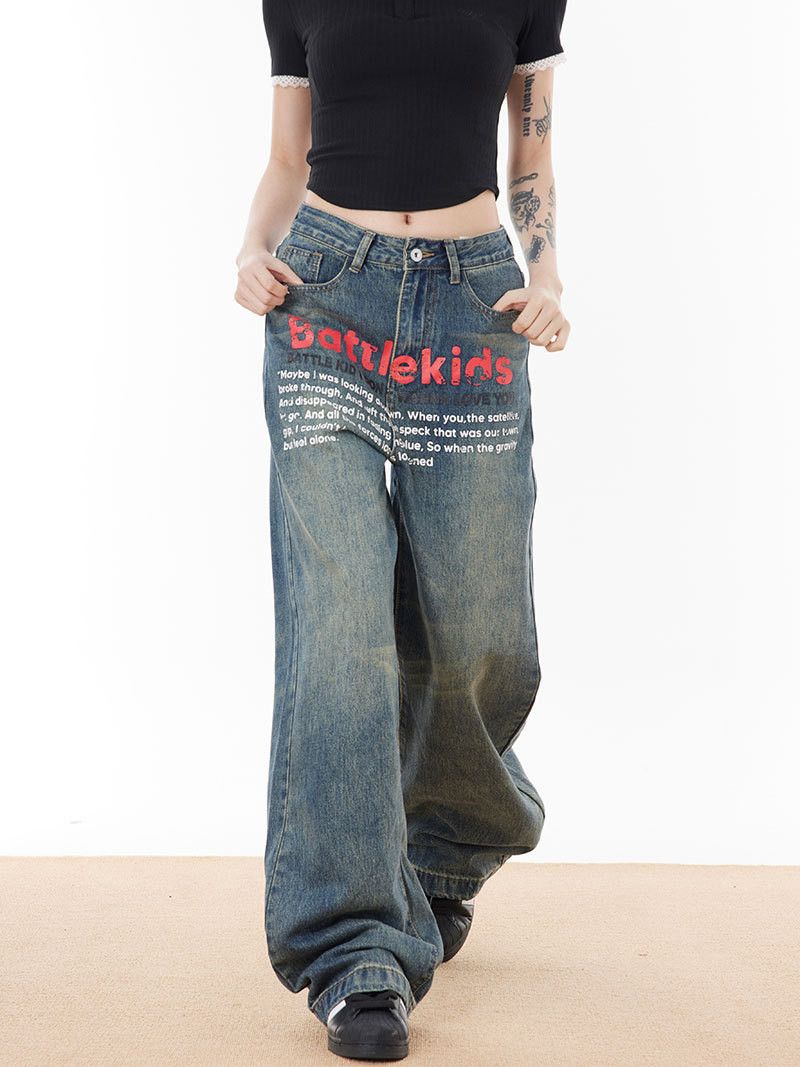 Vintage Male punk distressed street letter print washed denim jeans Size US 32 / EU 48 - 2 Thumbnail