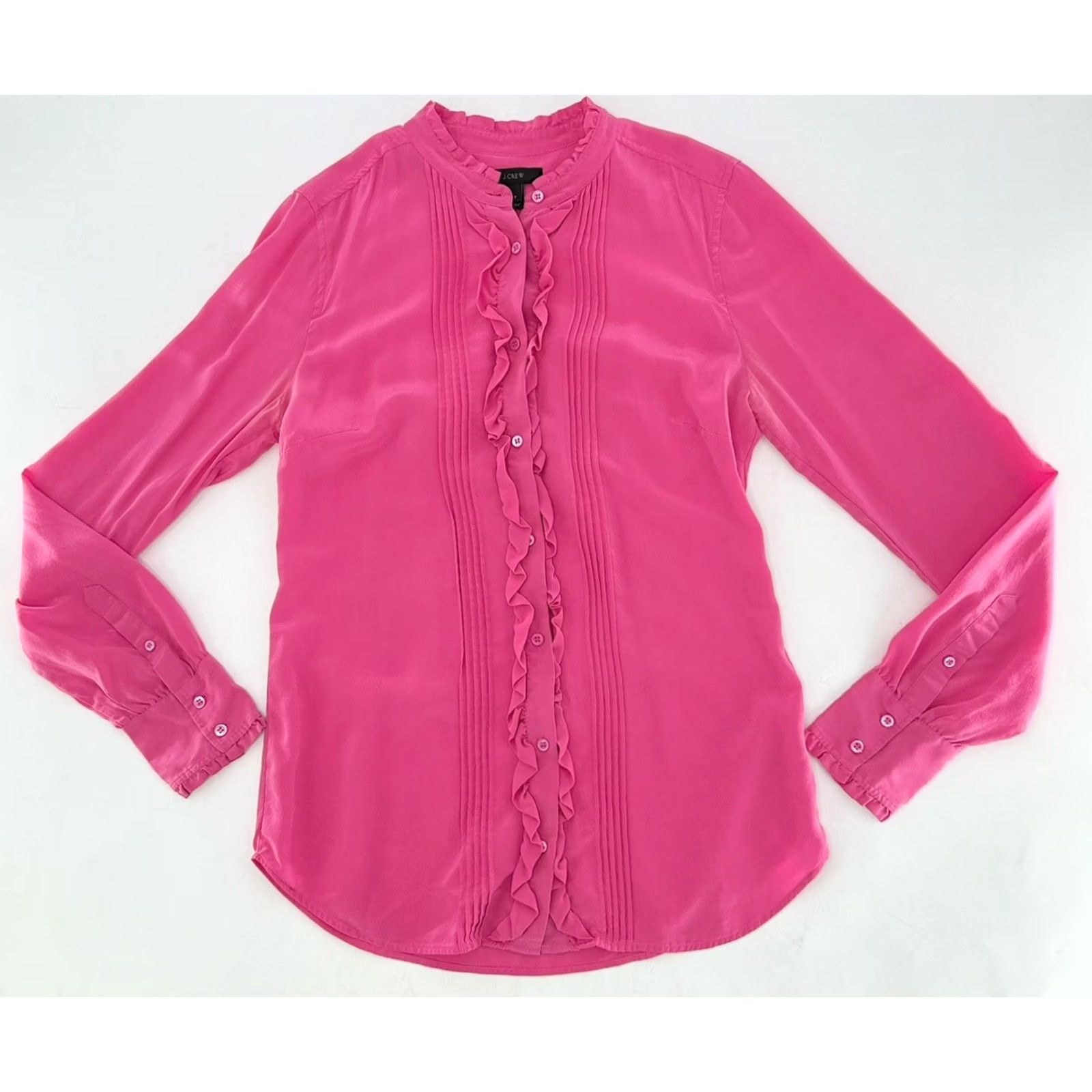 J.Crew J.CREW Ruffle Silk Button-Up Bright Pink Blouse 4 Tall Silk Chiffon Boho Preppy Blouse Women Buttons Tall Pink 4T Size 4 Tall Girls? Size S / US 4 / IT 40 - 3 Thumbnail