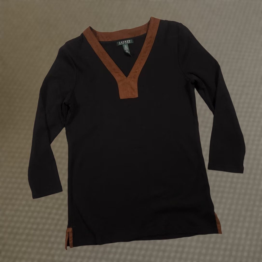 Ralph Lauren VINTAGE? No. Lauren Ralph Lauren Shirt Womens Medium Black Suede Trim 3/4 Sleeve Tunic Top Size M / US 6-8 / IT 42-44 - 1 Thumbnail