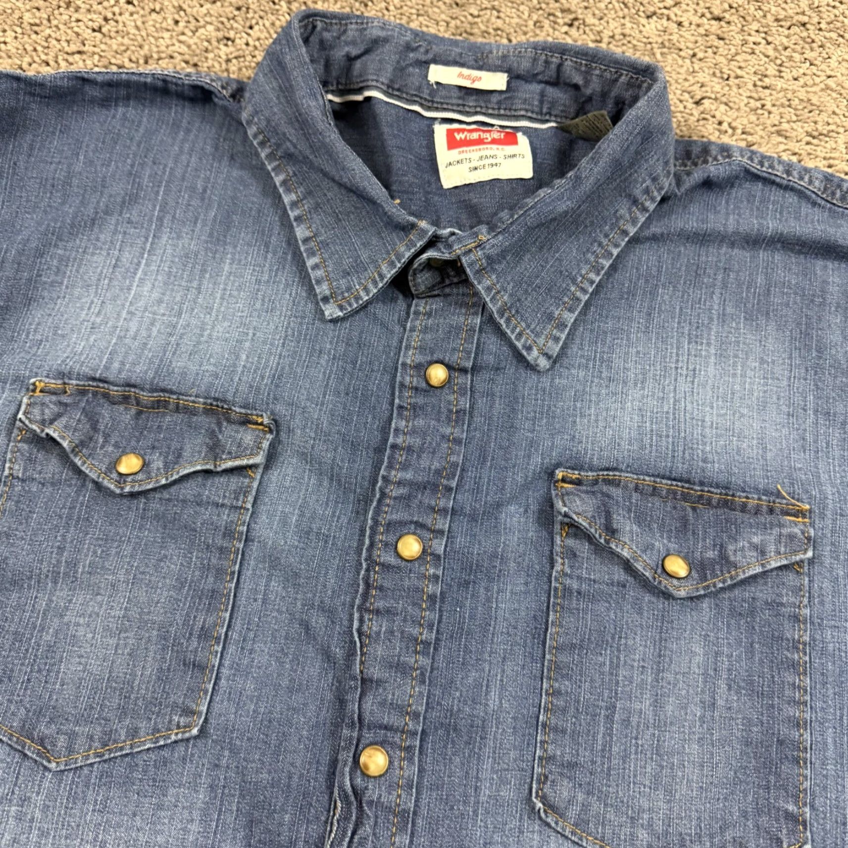 Wrangler Wrangler Shirt Mens 3XL Blue Denim Long Sleeve Pearl Snap Stretch Dark Indigo Category: Button-Up Size US XXL / EU 58 / 5 - 2 Thumbnail