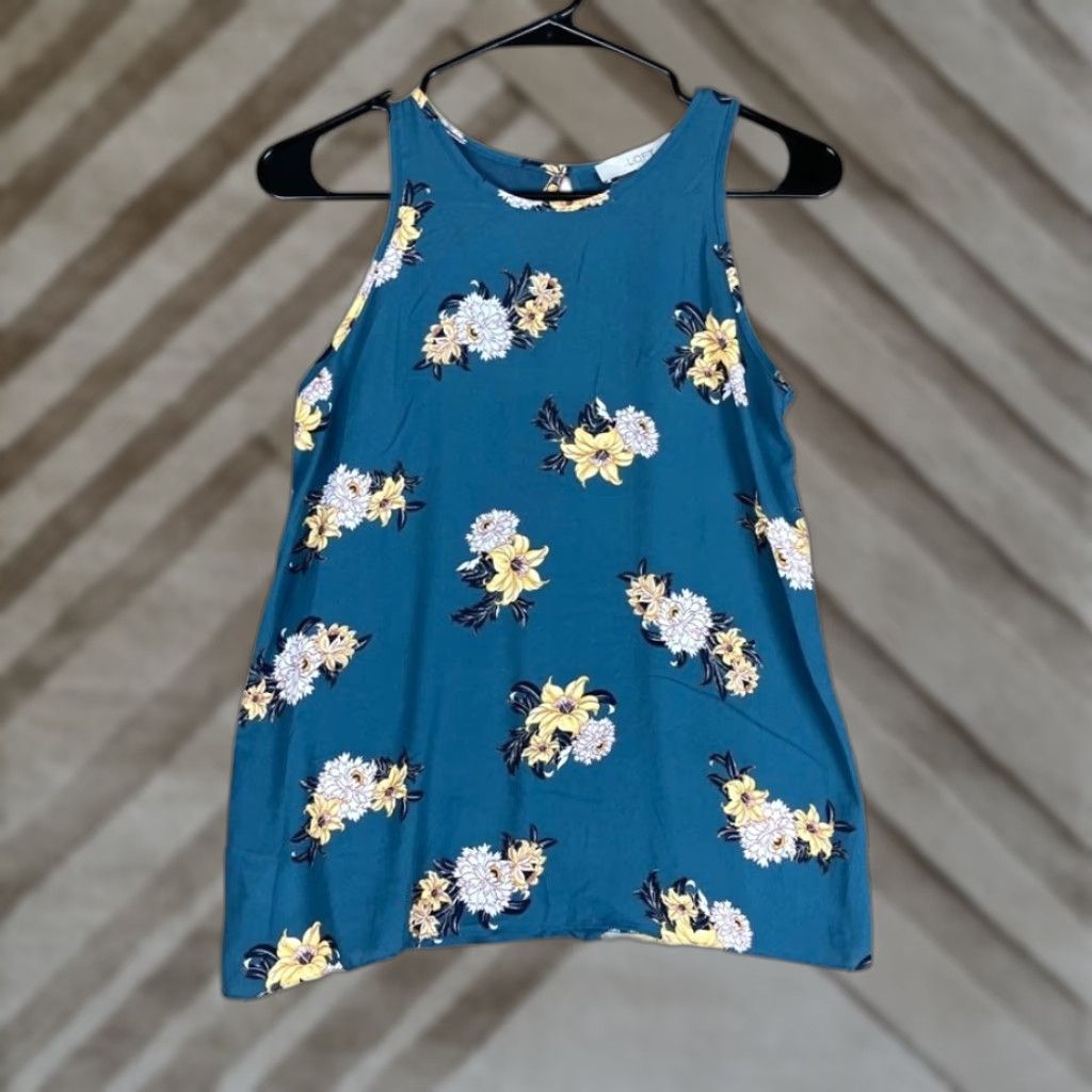 Loft VINTAGE LOFT Womens Tank Top Blue White Floral Petite Crew Neck Keyhole Back XXSP Size XXS / US 00 / IT 34 - 1 Thumbnail