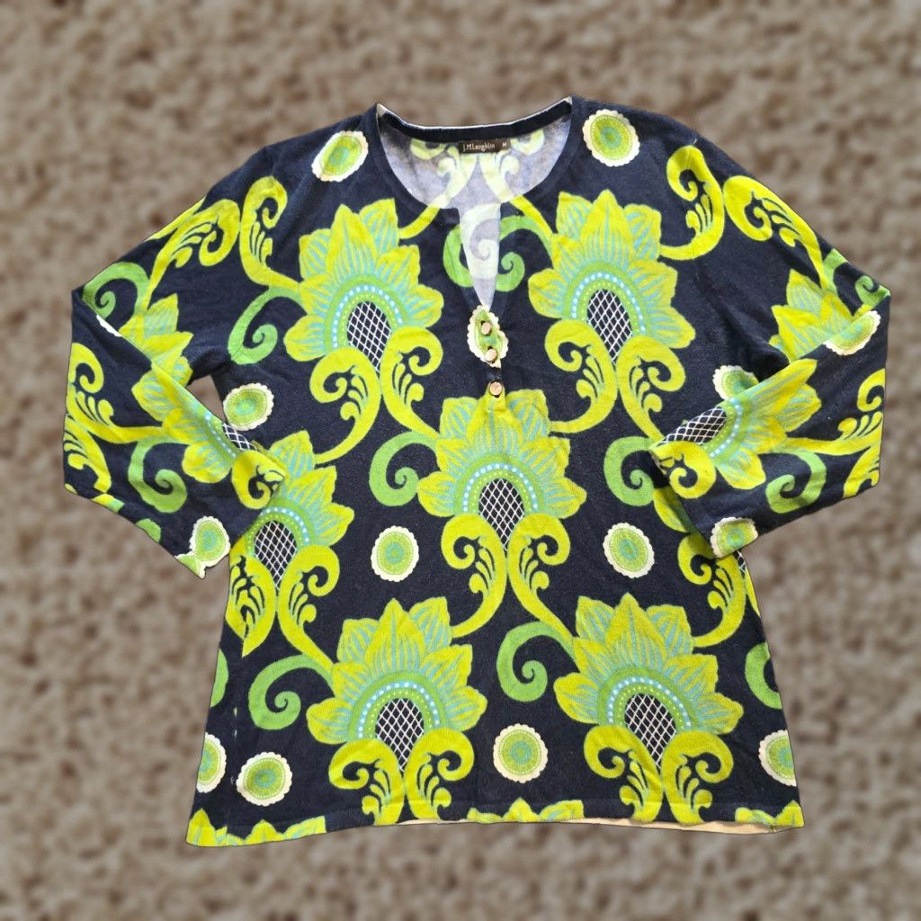 J.McLaughlin J McLaughlin Sweater Womens Size Medium Black Green Floral Lightweight Casual Pullover Long Sleeve V-Neck Knit Cotton Modal Regular Dressy? Size M / US 6-8 / IT 42-44 - 1 Thumbnail