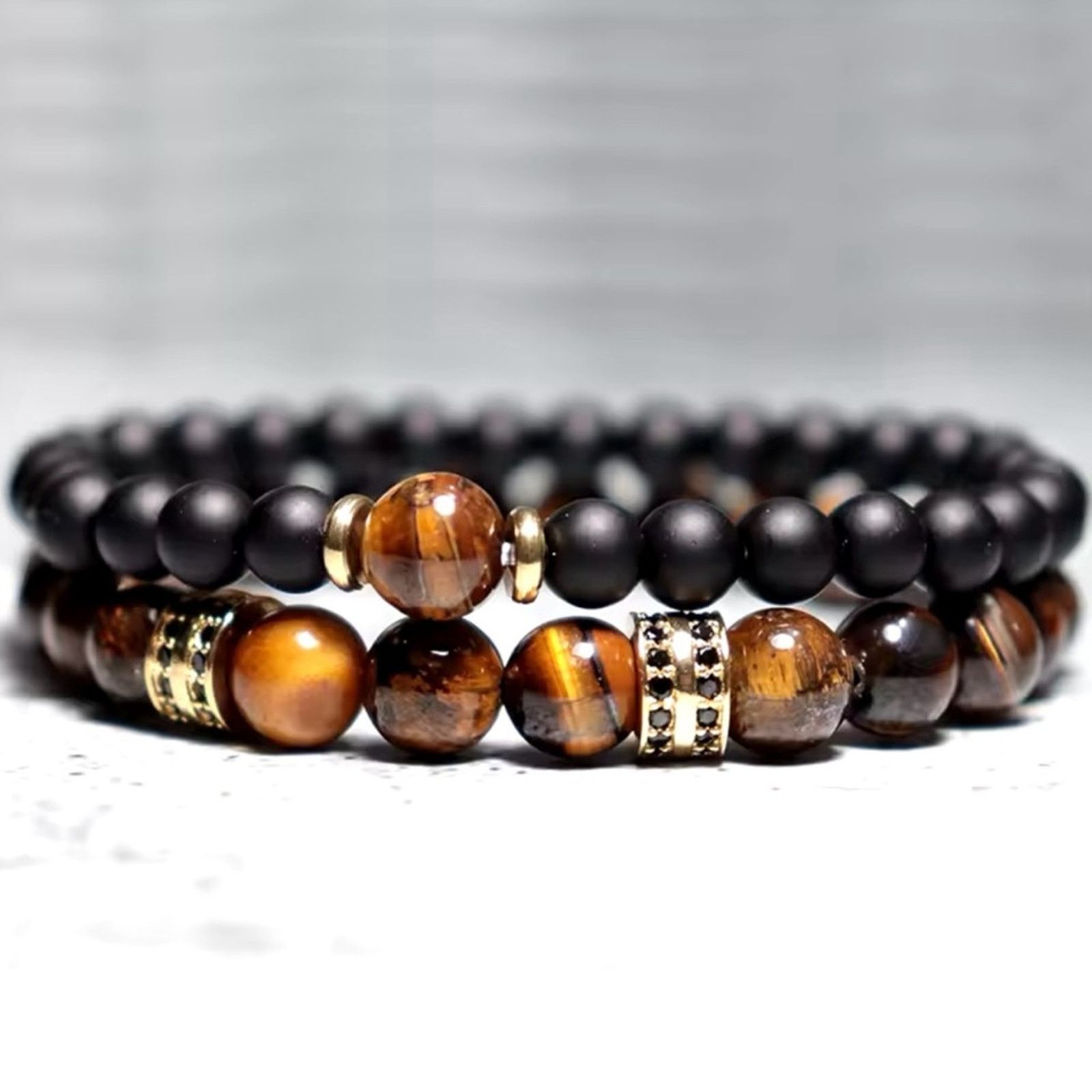 Other 2Pcs Men Bracelet Set Natural Tiger eye Beads Stone Bracelet Size ONE SIZE - 2 Thumbnail