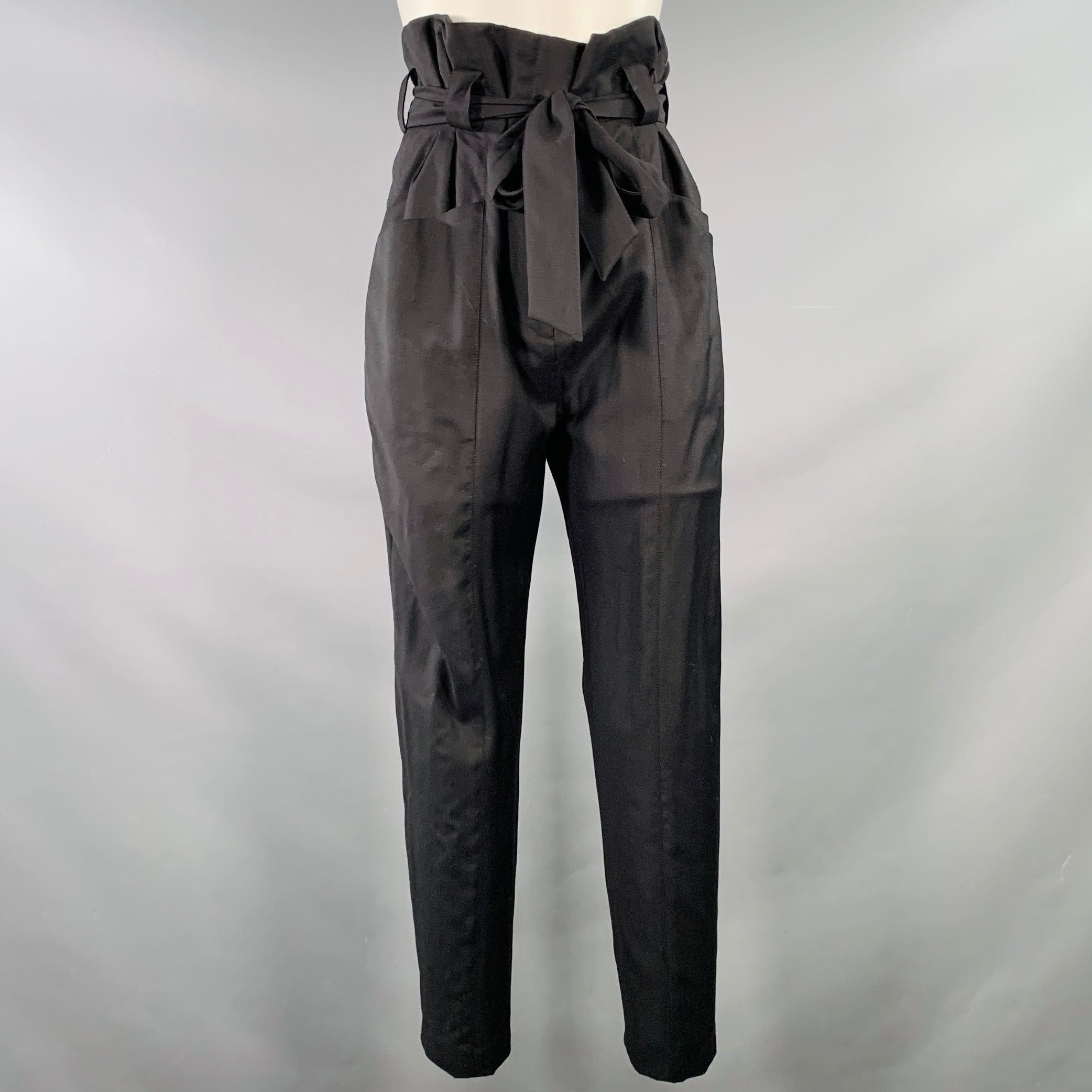 Black Wool High Waisted Belted Tapered Dress Pants