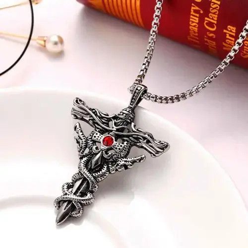 Other Y2k Double Dragon Sword Titanium Steel Necklace Size ONE SIZE - 2 Thumbnail