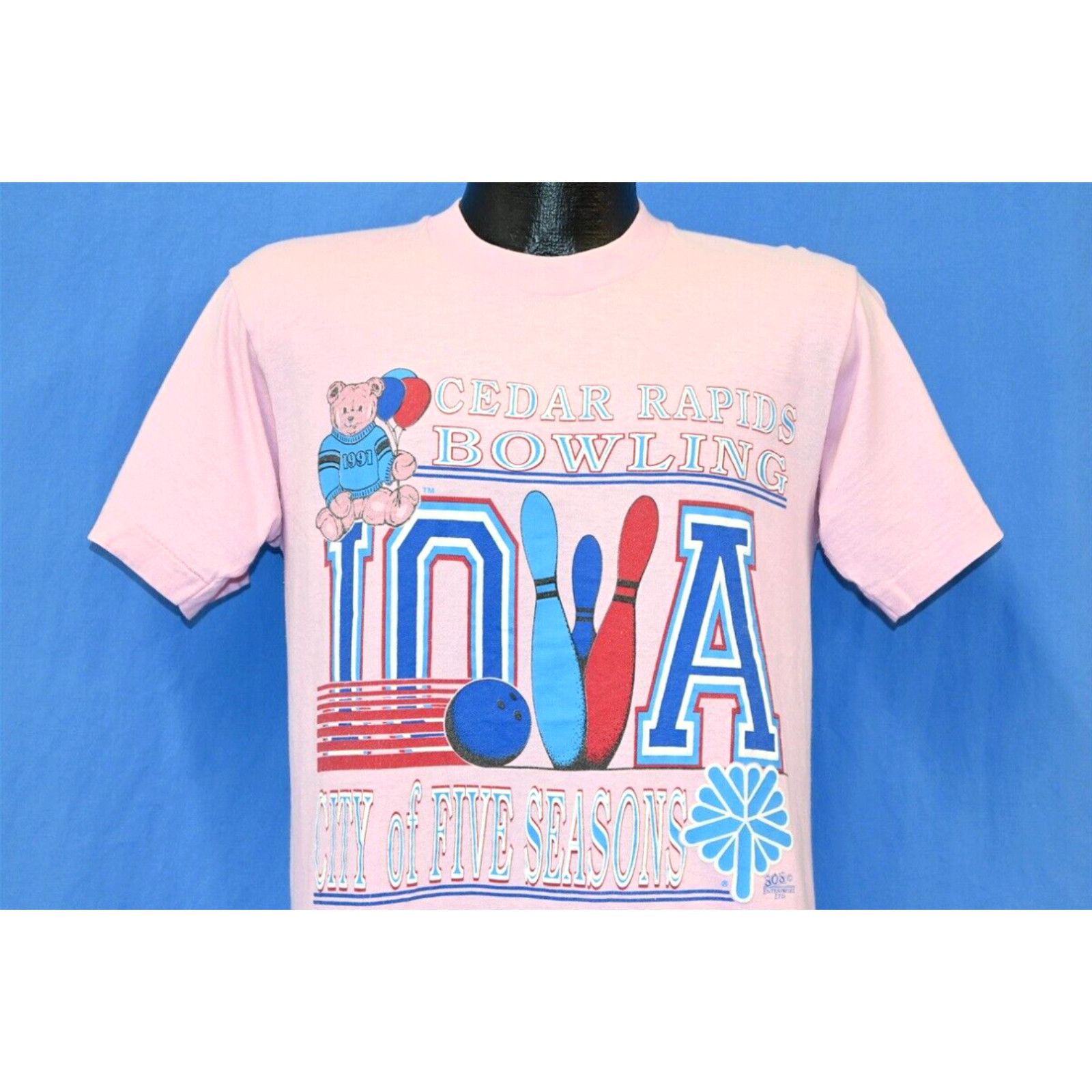 image of Fruit Of The Loom Vintage 90's Cedar Rapids Iowa Bowling 1991 White Puffy Paint Pink T-Shirt Med (S