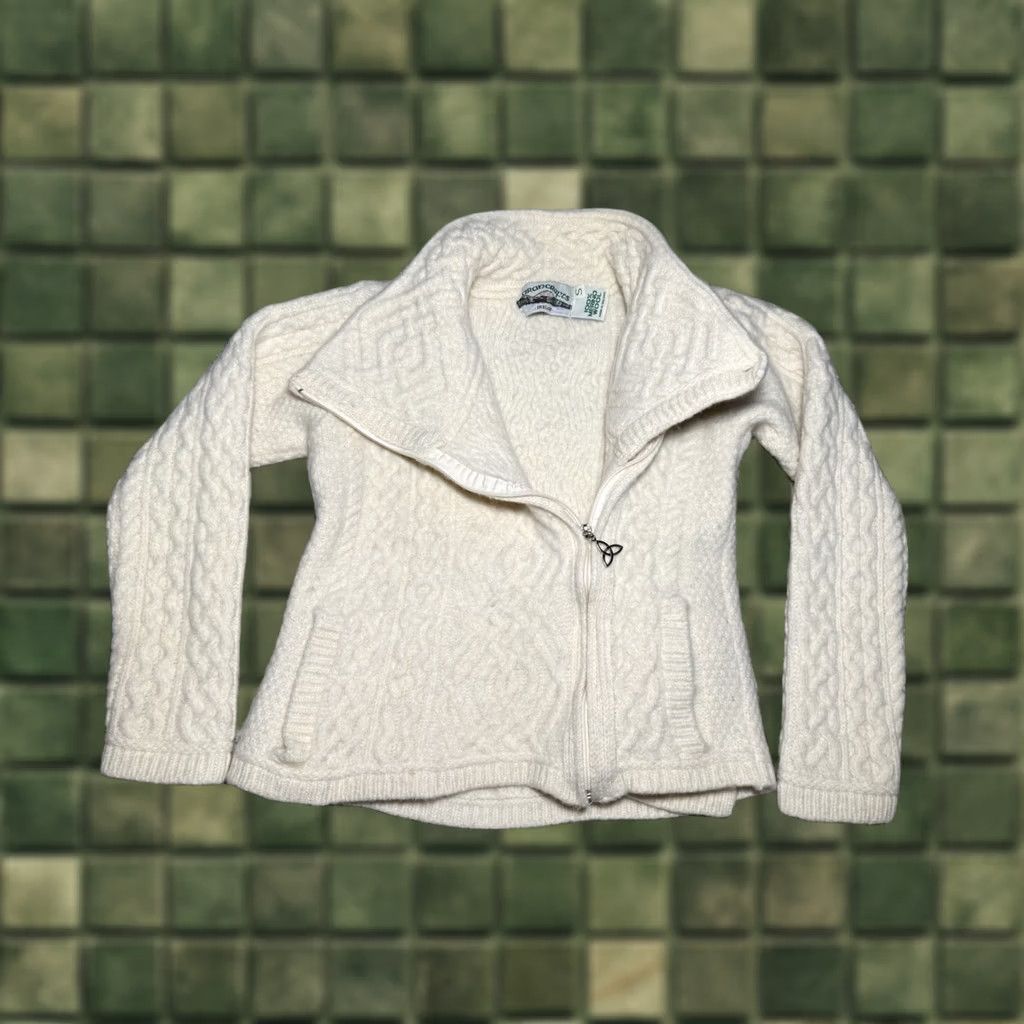 Vintage Aran Crafts Sweater Women Zip Merino Wool Asymmetrical Cable Knit Fisherman S Ivory Size S / US 4 / IT 40 - 1 Thumbnail