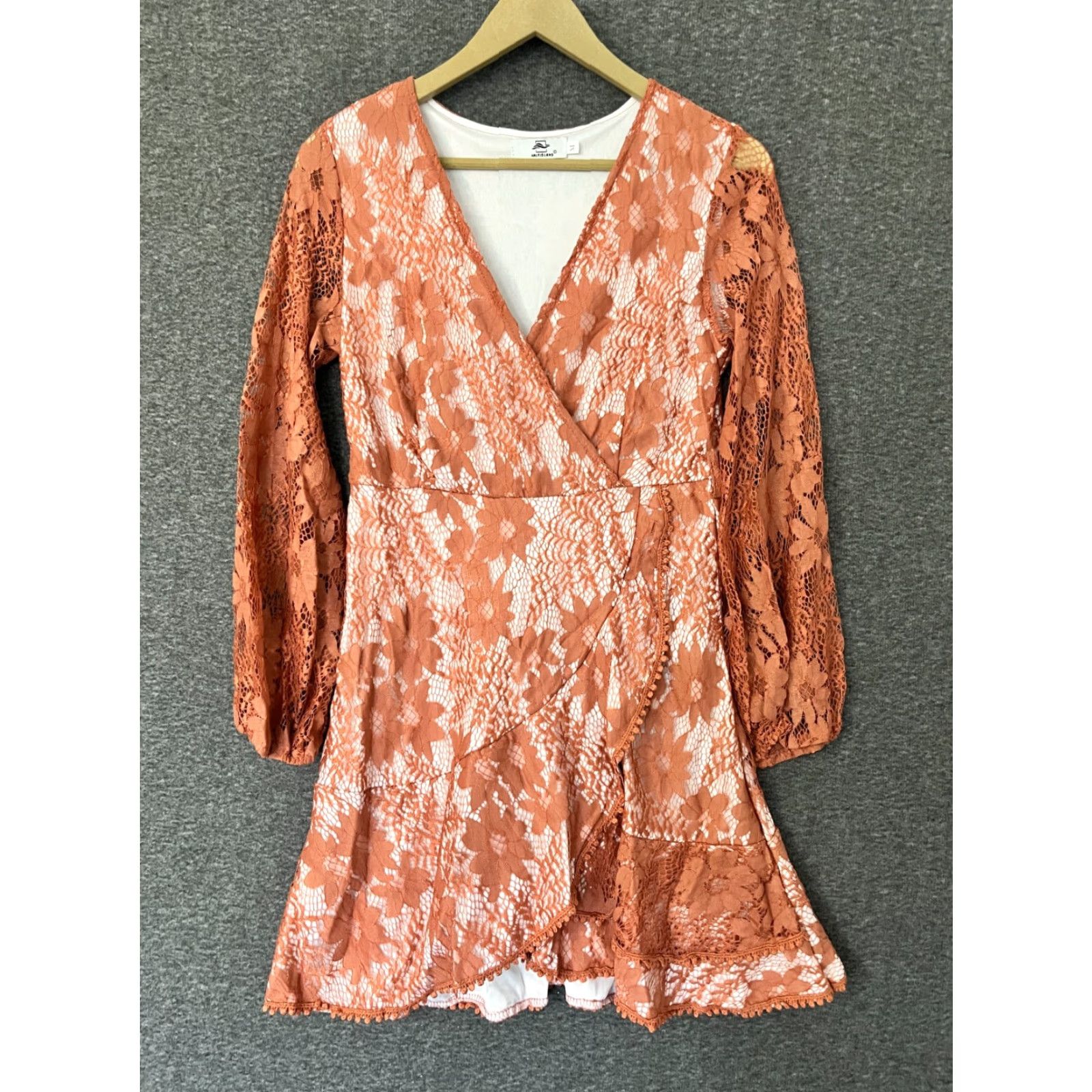 Vintage Halfisland Coral M Lace Dress Cocktail Party Long Sleeve V-Neck Flare Dress Women M Coral Lace Size M / US 6-8 / IT 42-44 - 2 Thumbnail