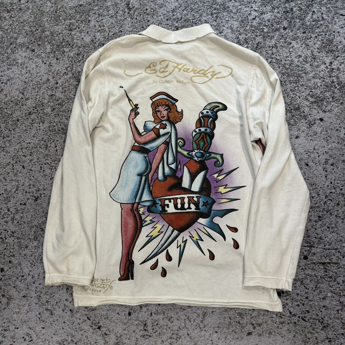 Ed Hardy Y2K Ed Hardy Thrashed Distressed Nurse Shirt ERD Grunge Size US L / EU 52-54 / 3 - 18 Thumbnail