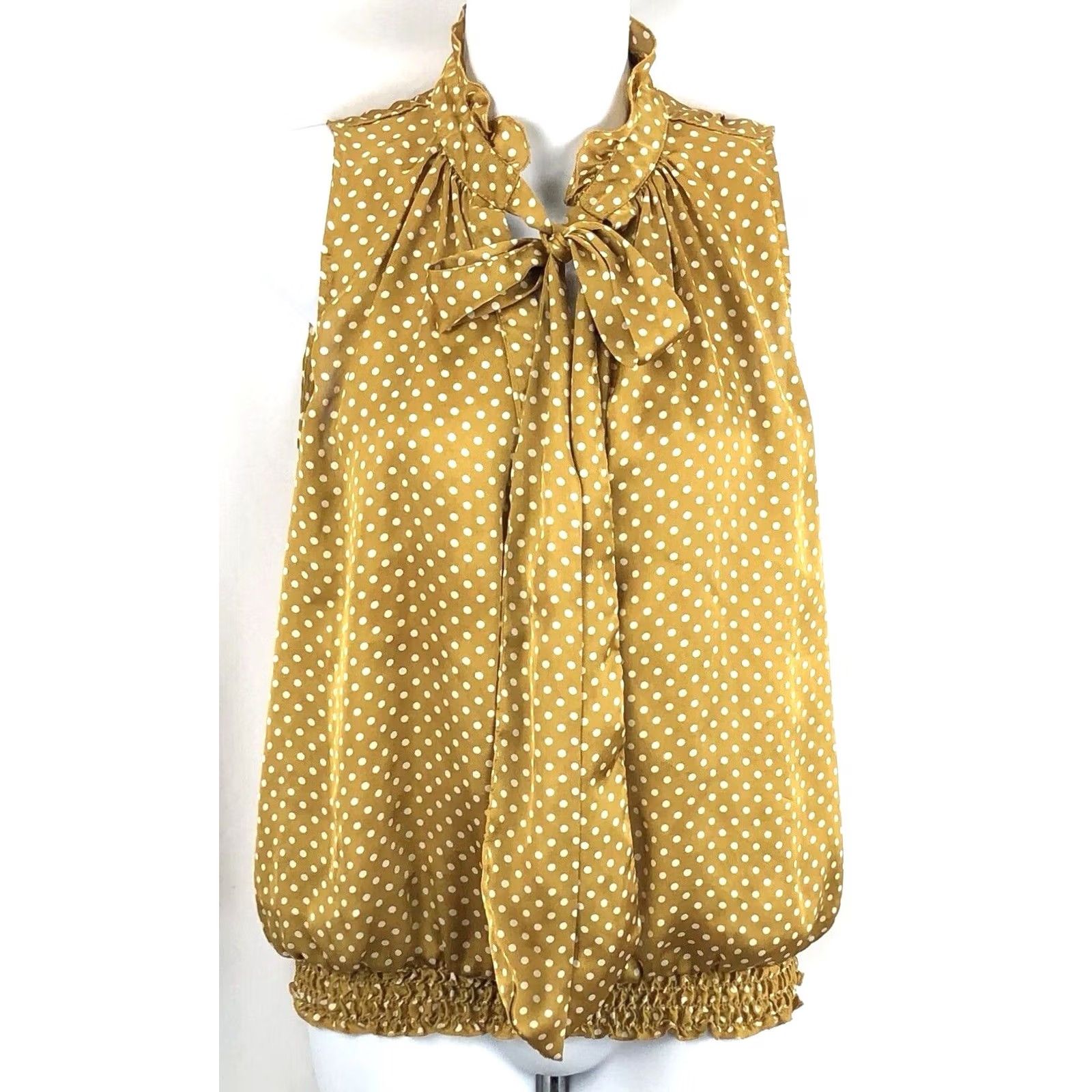 Vintage Jules Leopold Sleeveless Satin Top M Gold Polka Dot Ruffle Mock Neck Bow Smocked Blouse Womens Size M / US 6-8 / IT 42-44 - 2 Thumbnail