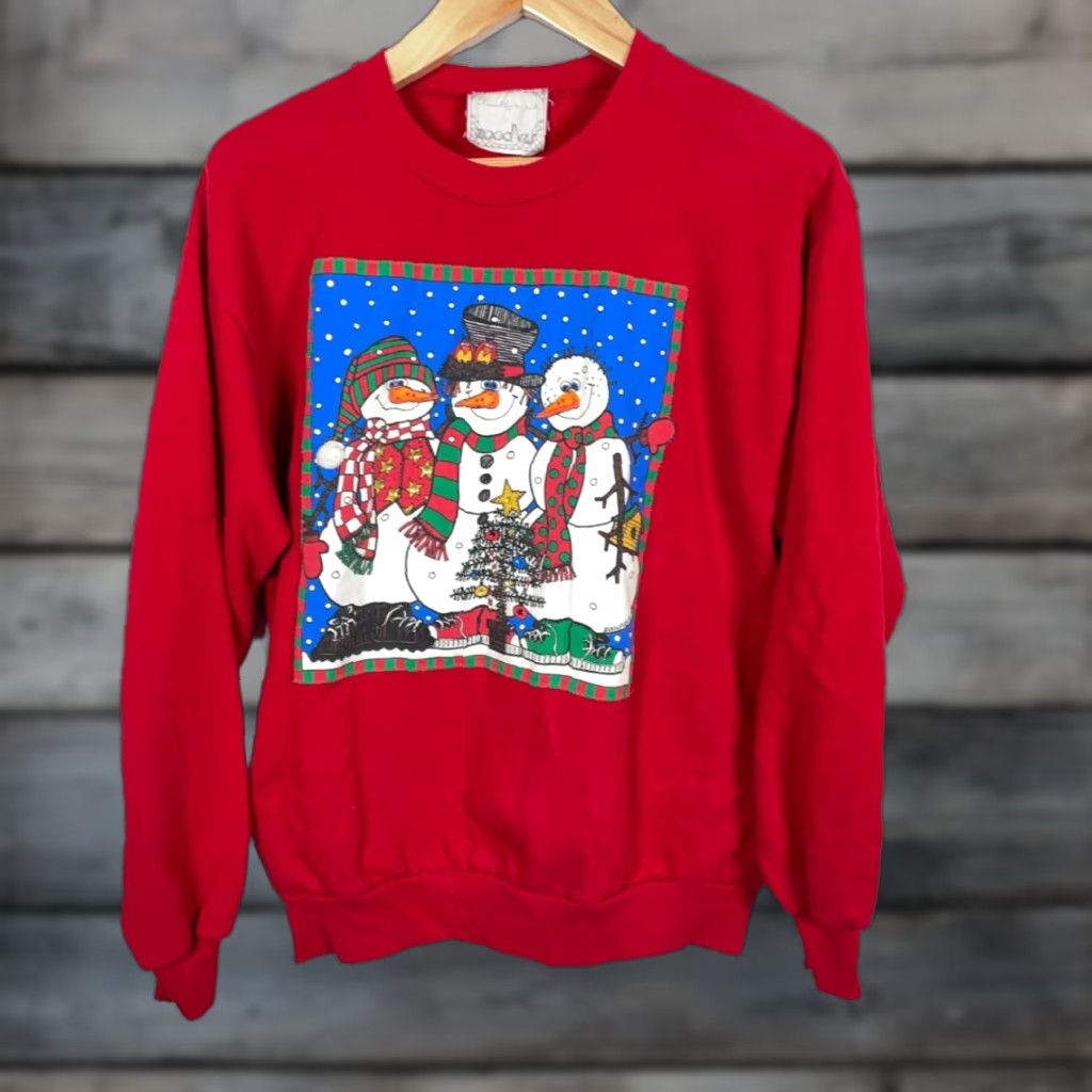 Vintage VINTAGE Zoodles 90s Christmas Snowman Sweatshirt Adult L Red Crewneck Geometric Graphic Print Pullover Size L / US 10 / IT 46 - 1 Thumbnail