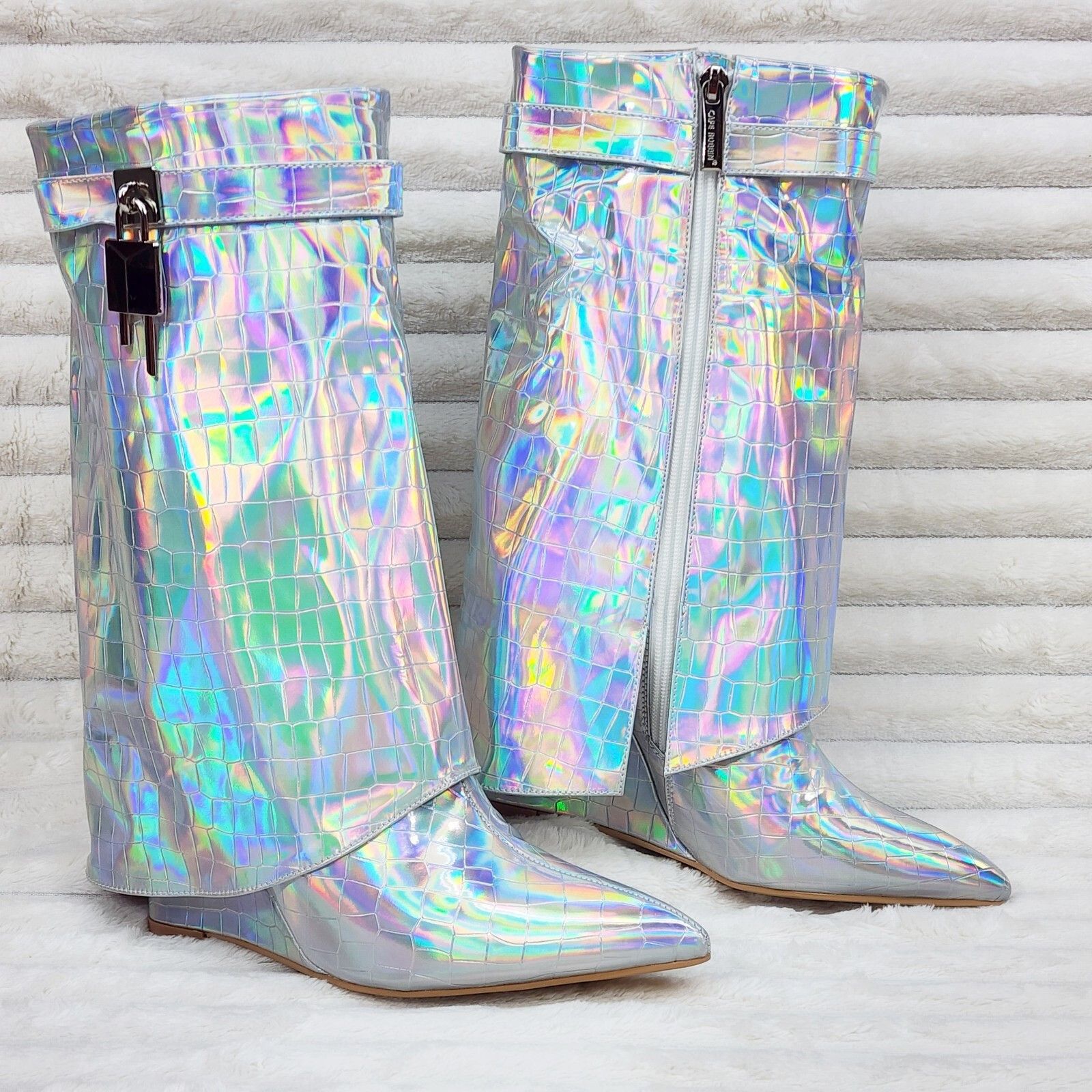 Other Vision Royal Silver Hologram Wedge Heel Fold Over Skirted An Size US 6 / IT 36 - 7 Thumbnail