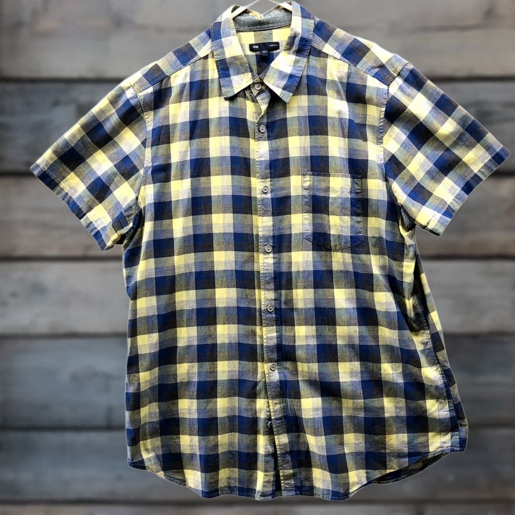 Gap Gap Lightweight Button Up Shirt Mens L Short Sleeve Blue Yellow Plaid Cotton Size US L / EU 52-54 / 3 - 1 Thumbnail