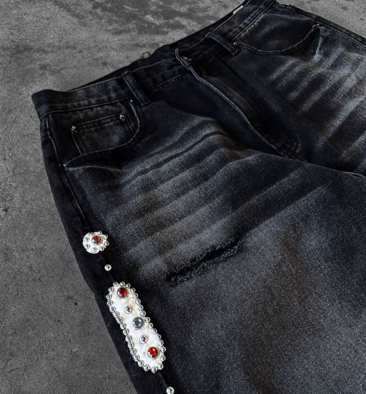 Japanese Brand Punk Vintage Rhinestone Embellished Black Jeans Size US 30 / EU 46 - 7 Thumbnail