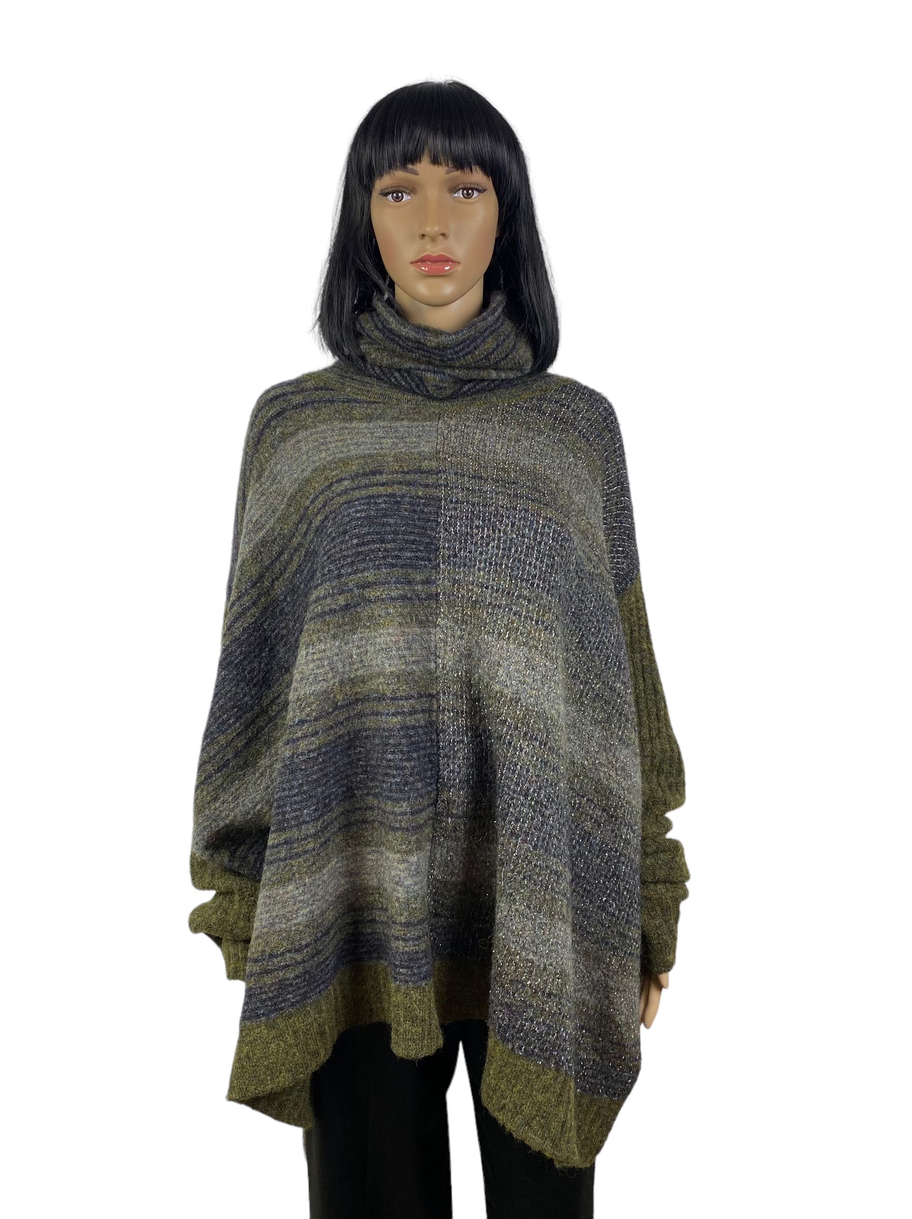 image of Sarah Pacini Wool Knit One Size Poncho Jacket in Green, Women's