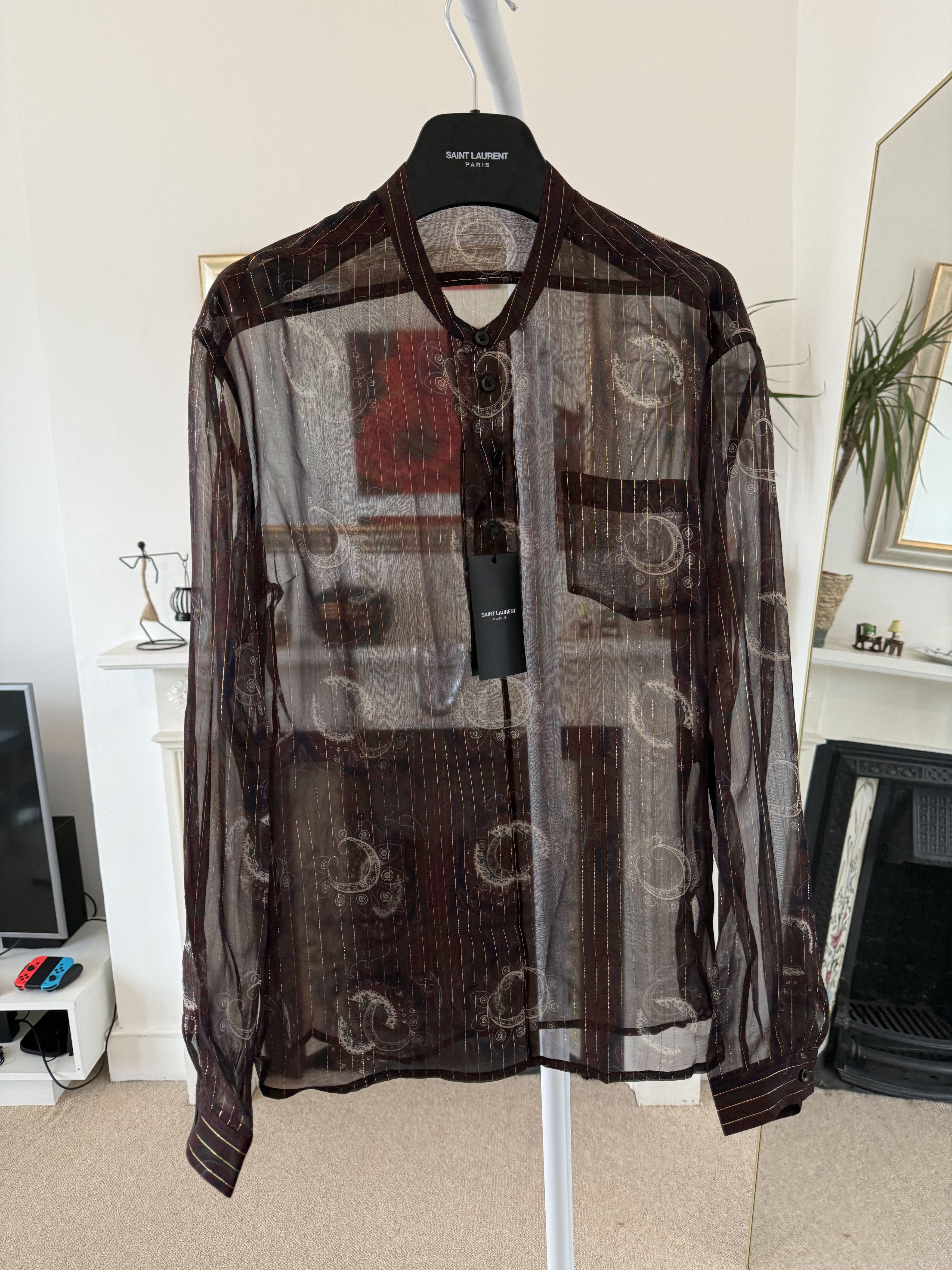 Saint Laurent Paris Saint Laurent Silk Gold Thread Nehru Collar Shirt Burgundy Size US M / EU 48-50 / 2 - 1 Thumbnail