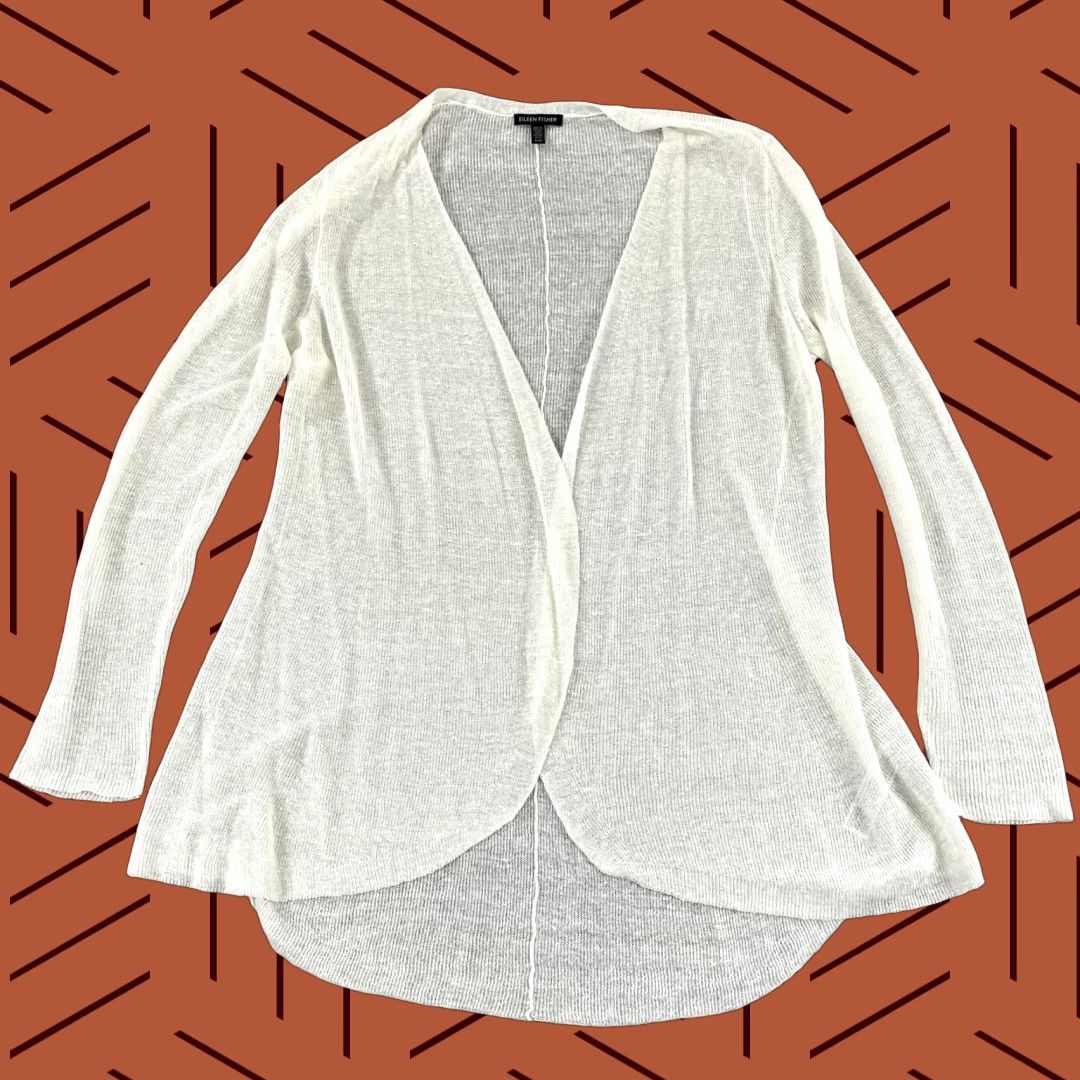 Eileen Fisher EILEEN FISHER White Womens Medium Open Front Knit Sweater Hemp Nylon Lightweight Size M / US 6-8 / IT 42-44 - 1 Thumbnail