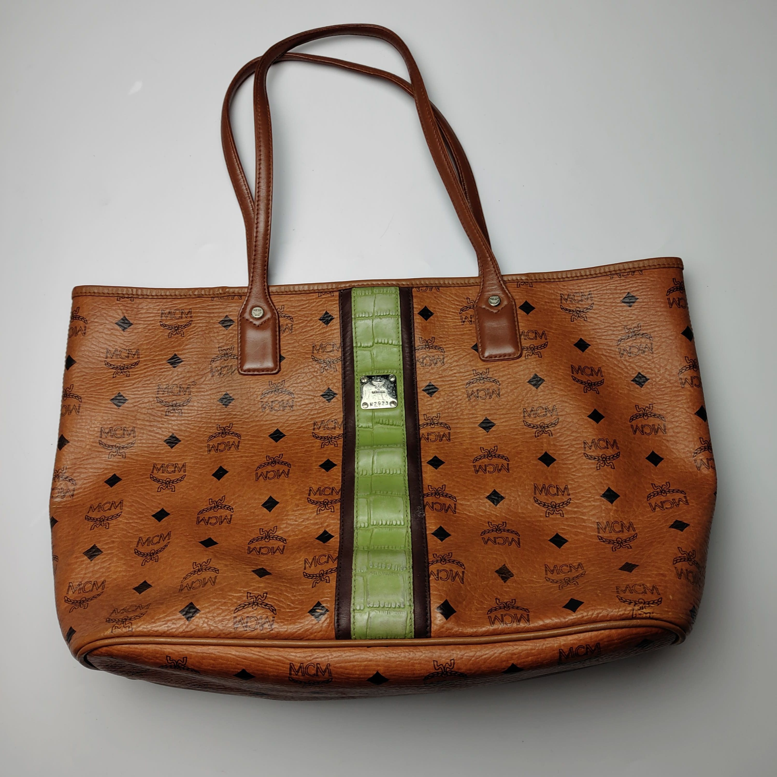 MCM Visetos Cognac Shopper Tote Bag Stripe Large in Brown, Women's