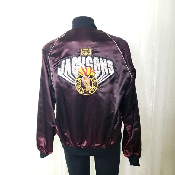 image of Vintage Deadstock Jacksons World Tour Pepsi Satin Bomber Jacket in Black Purple, Women's (Size Medi