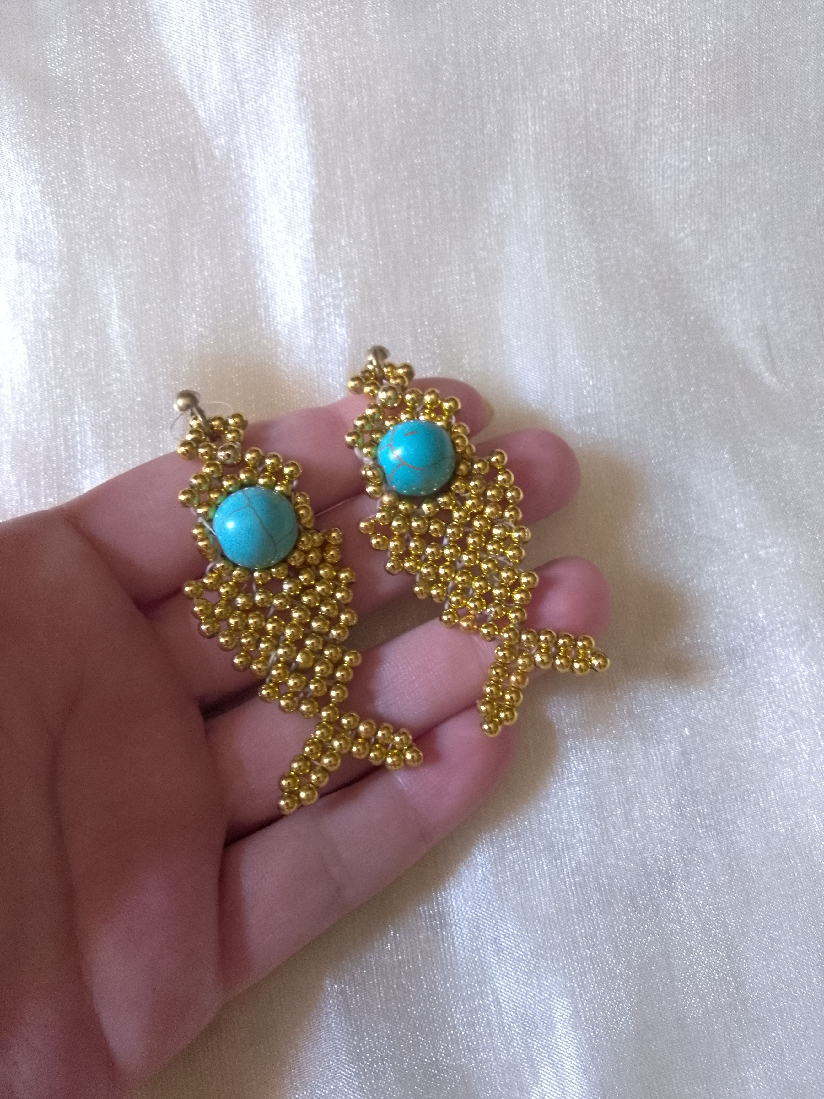Handmade Golden Fishbone earrings natural turquoise gemstones Size ONE SIZE - 5 Thumbnail