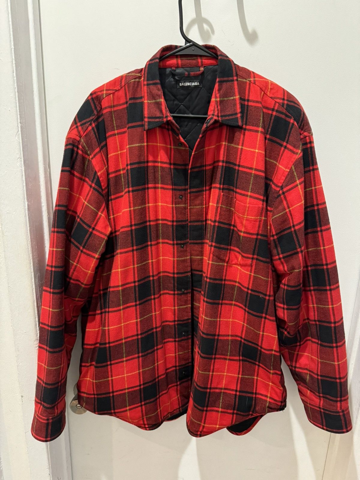 image of Balenciaga Padded Quilted Button Up Jacket Plaid Red/black in Black/Red, Men's (Size XL)