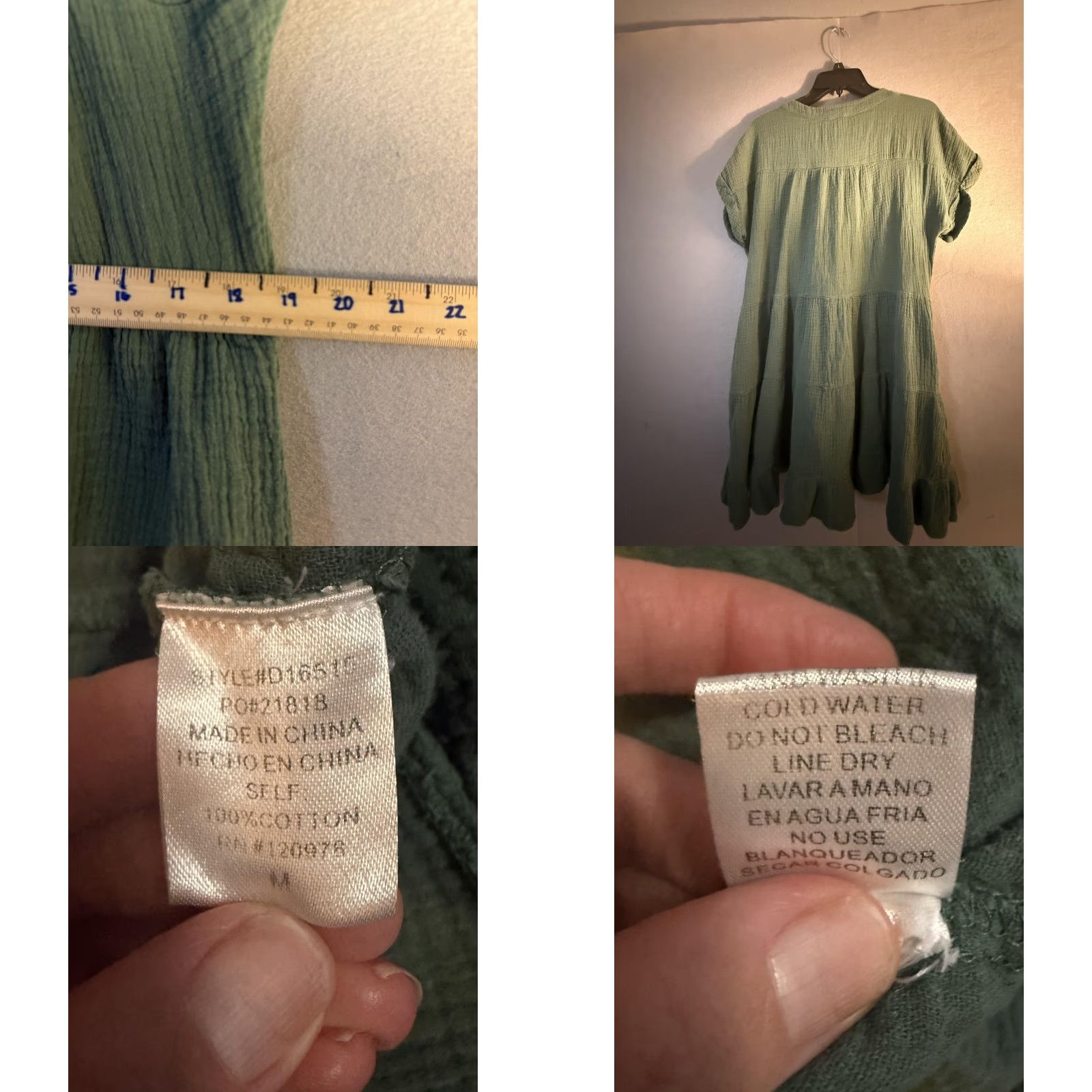 Vintage VINTAGE Entro Dress Womens Medium Green Cotton Gauze V Neck Swing Ruffle Hem Boho Tiered Size M / US 6-8 / IT 42-44 - 9 Thumbnail