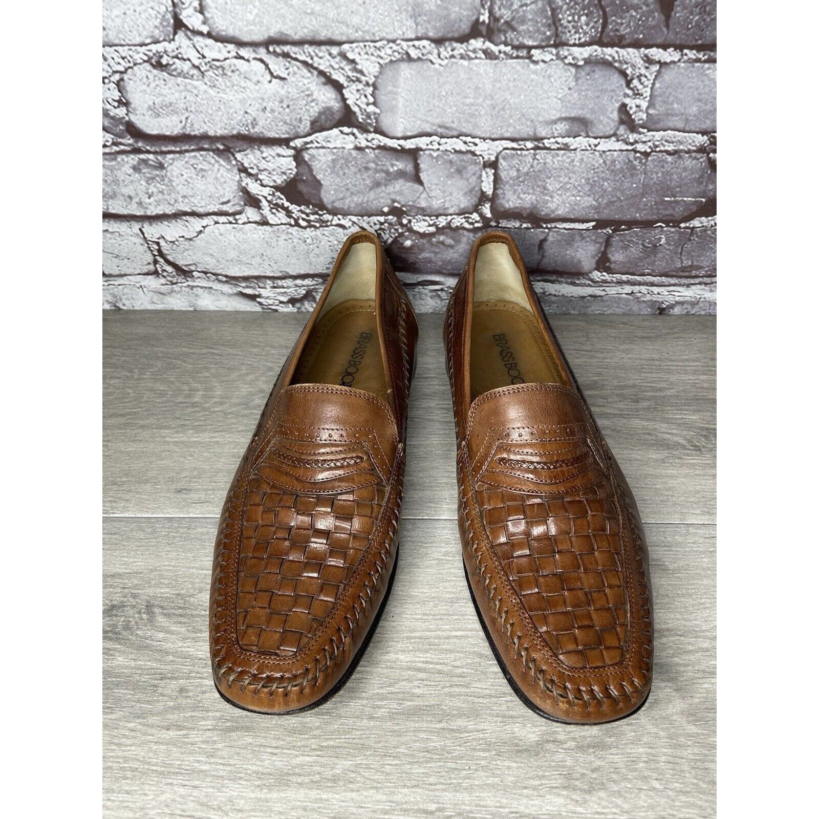 Other Brass Boot Brown Leather Basket Weave Loafers Dress Shoes Me Size US 10 / EU 43 - 2 Thumbnail