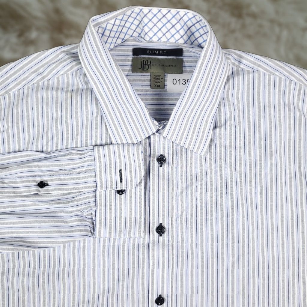Vintage Jhane Barnes Blue Gray Stripe Slim Fit Button Up Shirt 2XL Mens Size US XXL / EU 58 / 5 - 1 Thumbnail