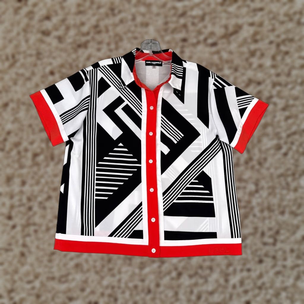 Karl Lagerfeld Karl Lagerfeld Shirt Women Small White Black Red Polyester Geometric Hawaiian Casual Workwear Logo Button Collar Short Sleeve Vintage: No Size S / US 4 / IT 40 - 1 Thumbnail