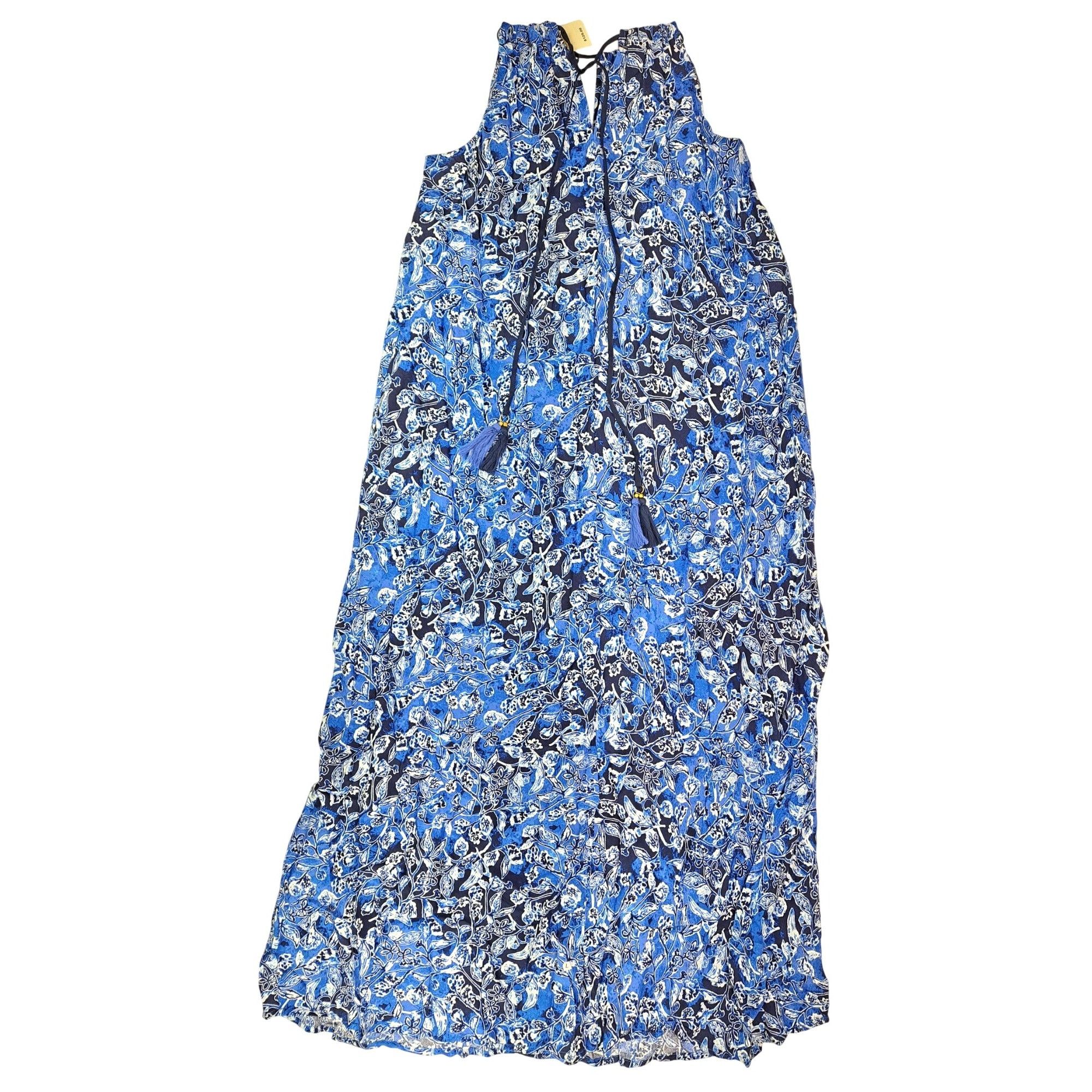 Lucky Brand Lucky Brand Blue Floral Halter Maxi Dress Adjustable Tassels Size L / US 10 / IT 46 - 2 Thumbnail