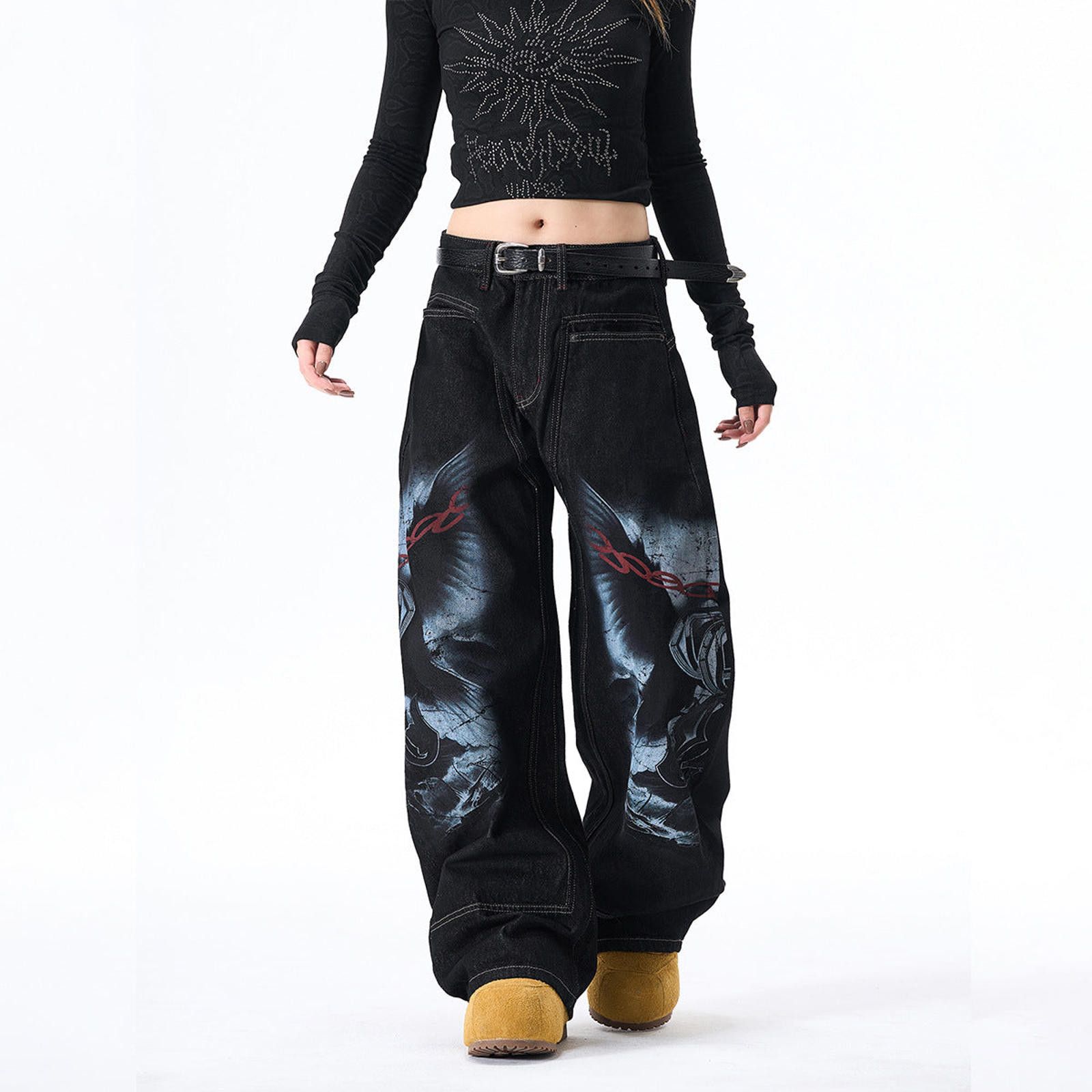 Vintage Black Graphic Wide Leg Jeans, Baggy Streetwear Pants Size 28" / US 6 / IT 42 - 4 Thumbnail