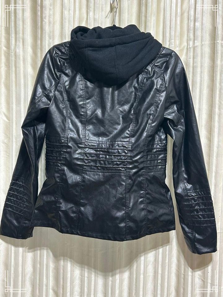 Designer Black Faux Leather Jacket with Detachable Hoodie Insert, S Size ONE SIZE - 4 Thumbnail
