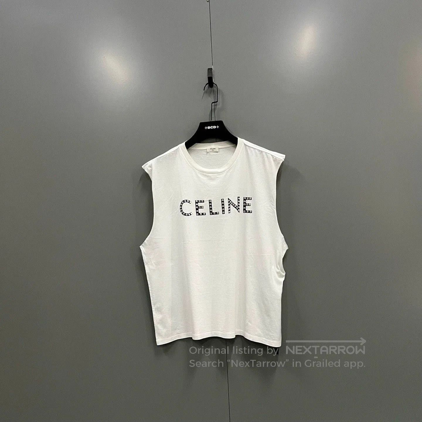 celine white logo short sleeve top.