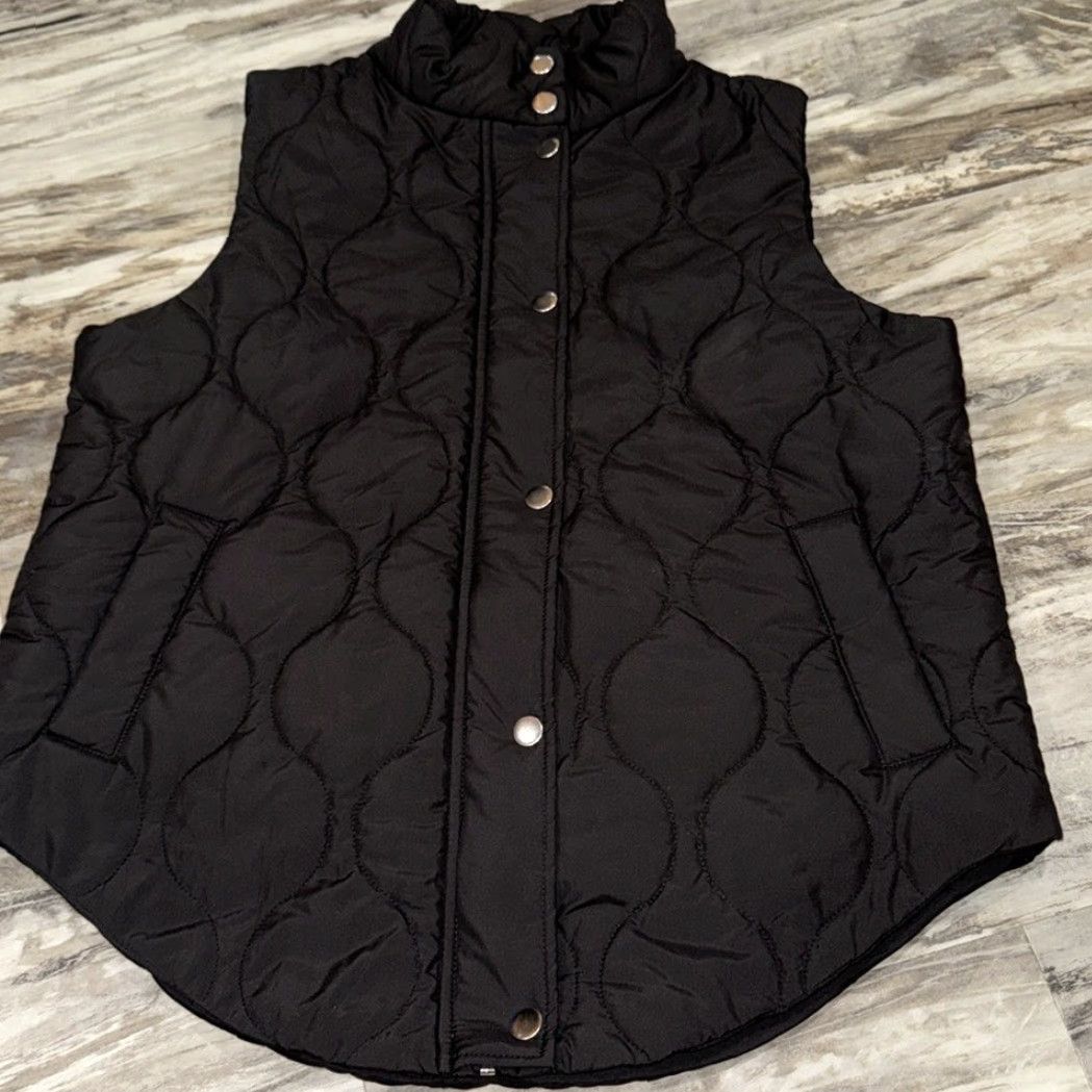 Vintage Black Vest Women M Oversized High Neck Zip Snap Puffer Fashion / Mid-Length Jacket Coat Style Sleeveless Unbranded Men? Size M / US 6-8 / IT 42-44 - 2 Thumbnail