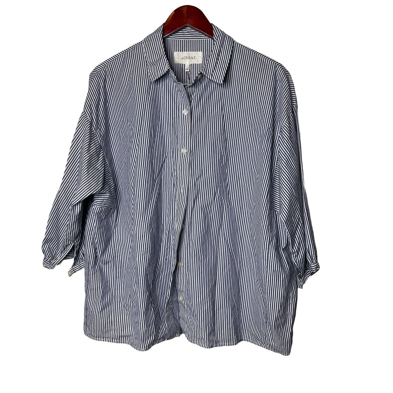 THE GREAT The Great. 3/4 Sleeve Button Down Pinstrip Shirt Blue 1 US S Size S / US 4 / IT 40 - 1 Thumbnail