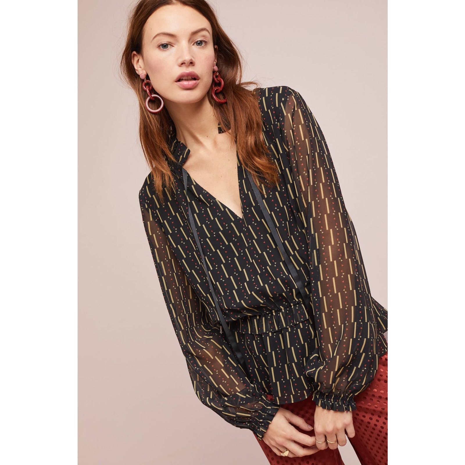 Anthropologie New Anthropologie Kiara Blouse by Laia $148 BLACK Small Geo Size S / US 4 / IT 40 - 2 Thumbnail