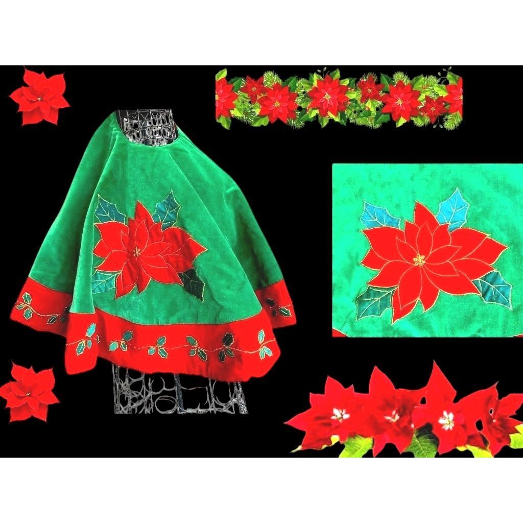 Vintage VTG Poinsettia Christmas Tree Skirt Red Green Holly Embroide Size ONE SIZE - 6 Thumbnail